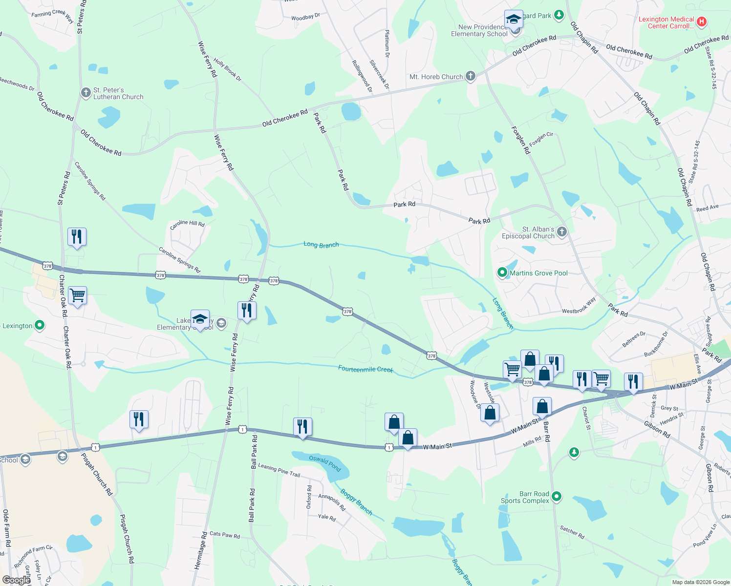 map of restaurants, bars, coffee shops, grocery stores, and more near 404 U.S. 378 in Lexington