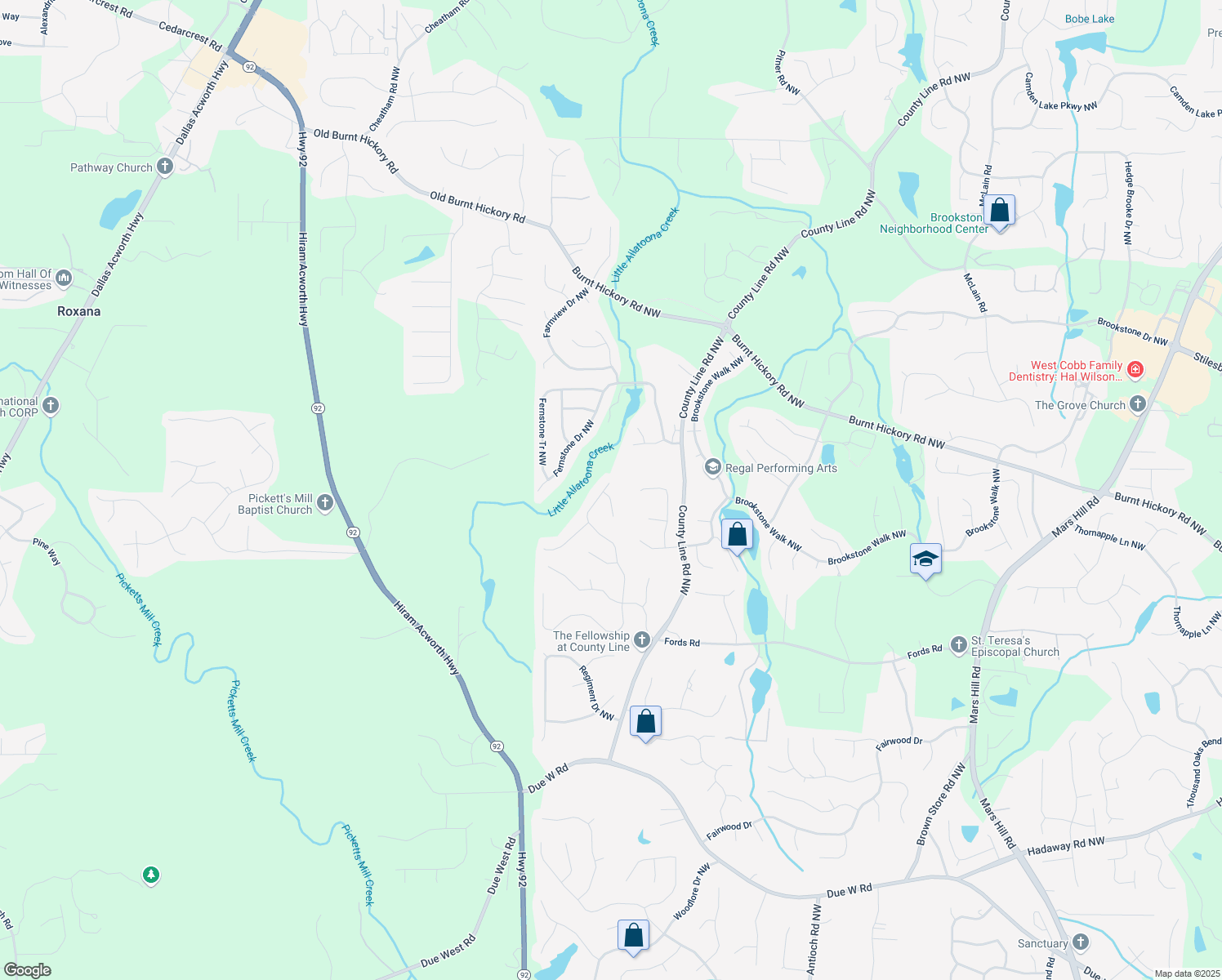map of restaurants, bars, coffee shops, grocery stores, and more near 1422 Benbrook Ridge in Acworth