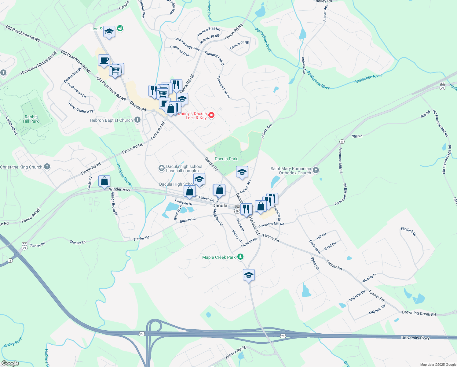 map of restaurants, bars, coffee shops, grocery stores, and more near 164 Dacula Road in Dacula