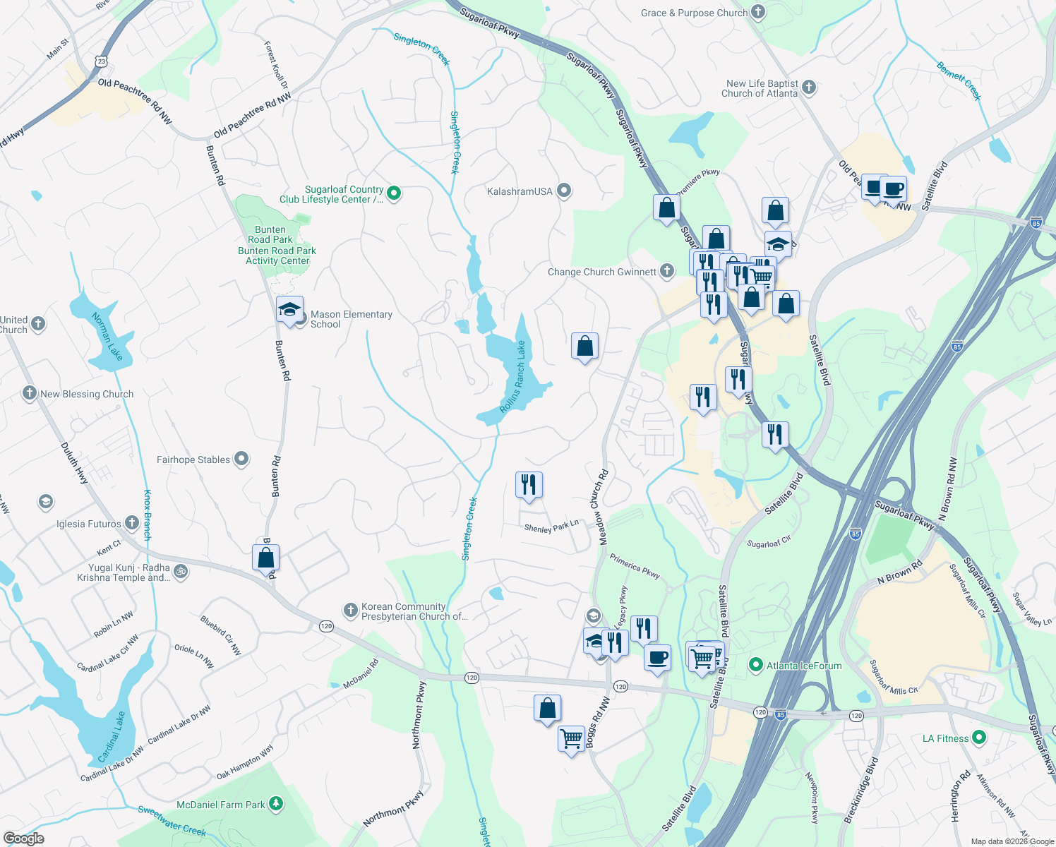 map of restaurants, bars, coffee shops, grocery stores, and more near 2325 Sugarloaf Club Drive in Duluth