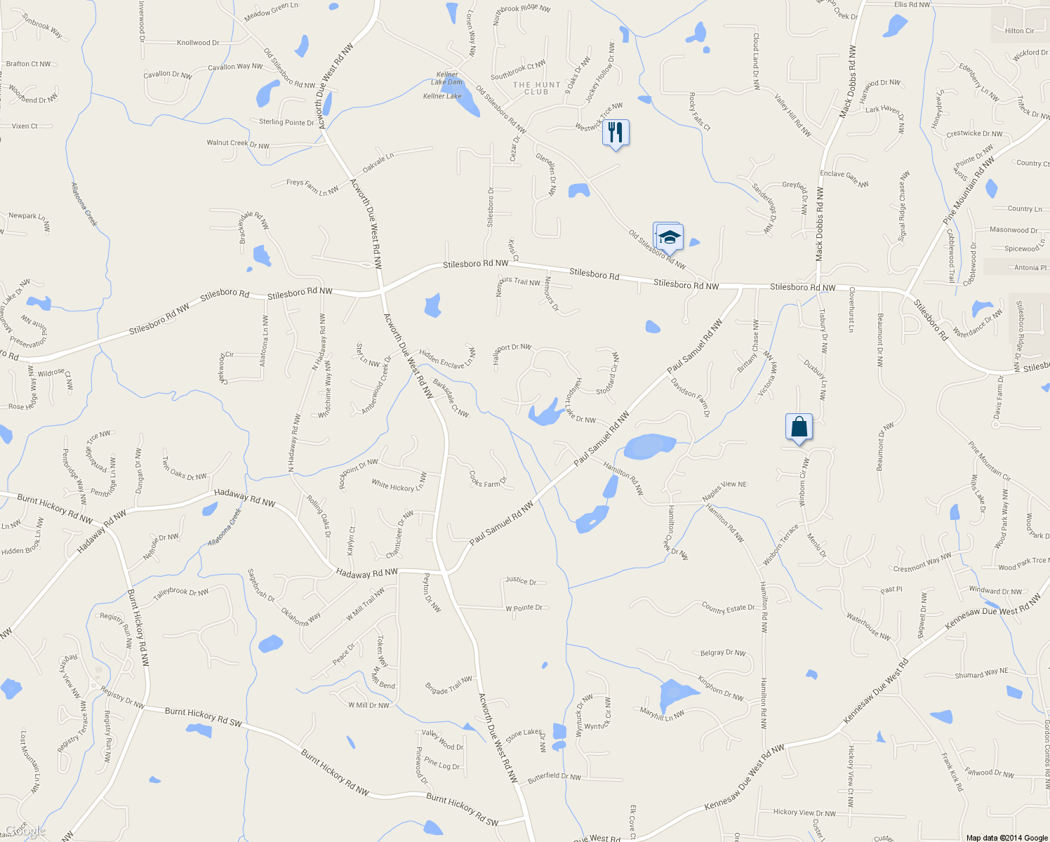 map of restaurants, bars, coffee shops, grocery stores, and more near 1590 Halisport Lake Dr NW in Kennesaw
