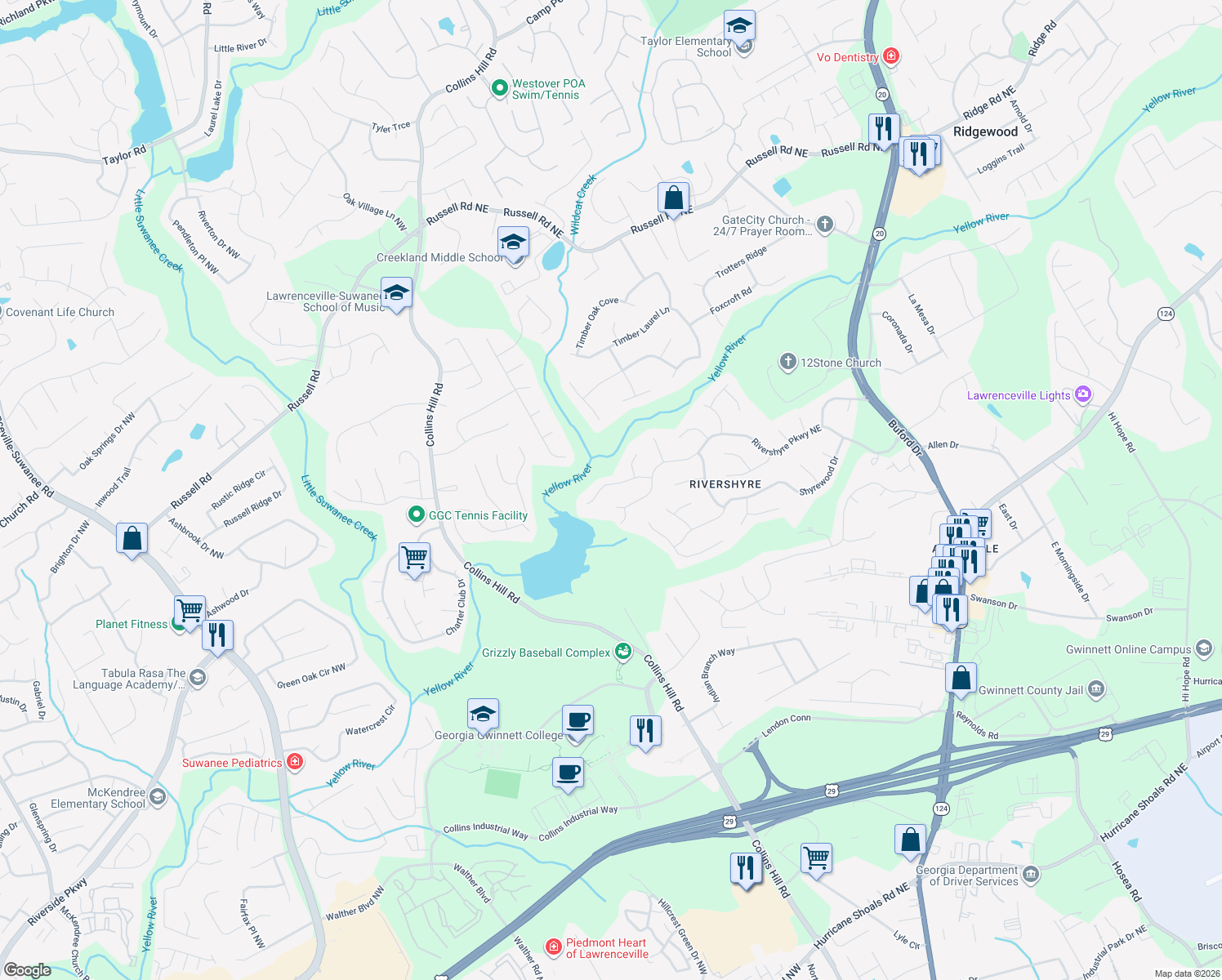 map of restaurants, bars, coffee shops, grocery stores, and more near 85 Rivershyre Circle in Lawrenceville