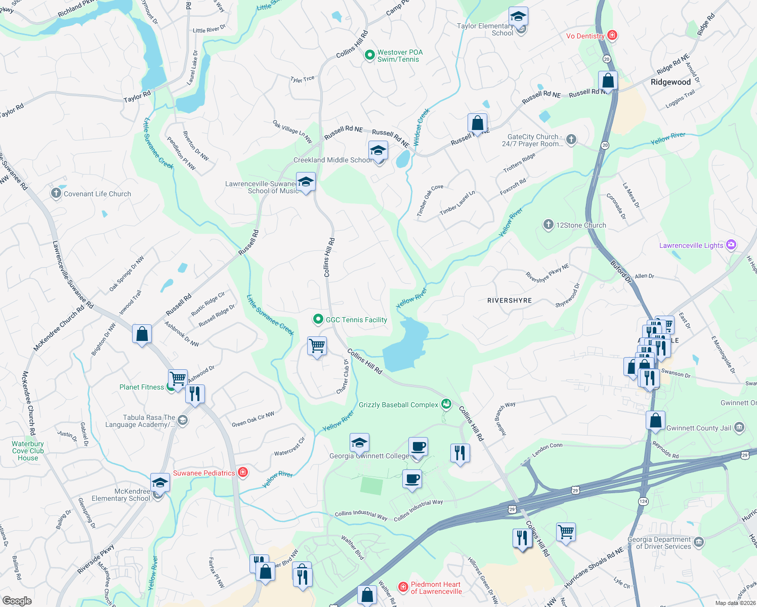 map of restaurants, bars, coffee shops, grocery stores, and more near 115 Channings Lake Dr in Lawrenceville