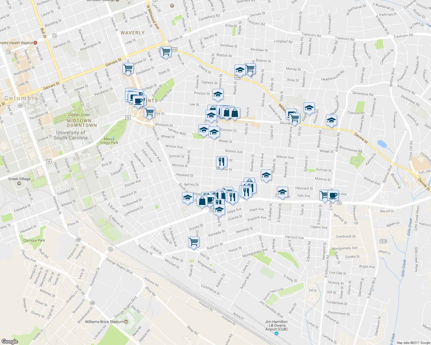 map of restaurants, bars, coffee shops, grocery stores, and more near 114 Woodrow Street in Columbia