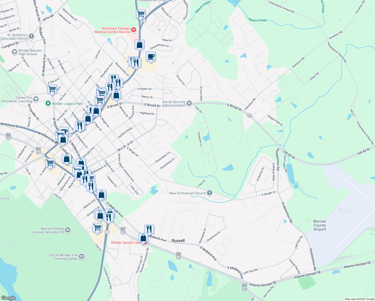 map of restaurants, bars, coffee shops, grocery stores, and more near 301 Paden Ct in Winder