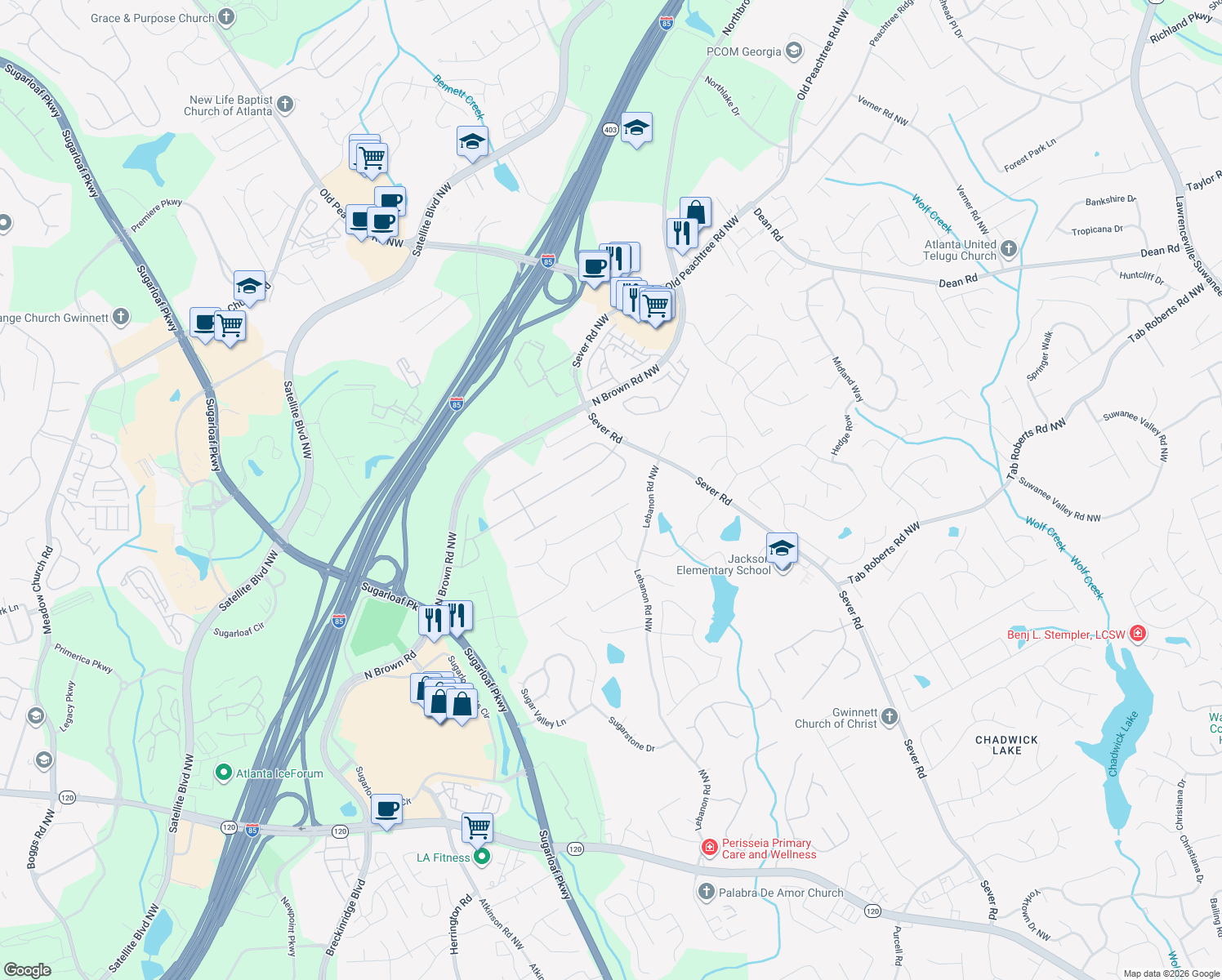 map of restaurants, bars, coffee shops, grocery stores, and more near 2247 Gracehaven Way in Lawrenceville