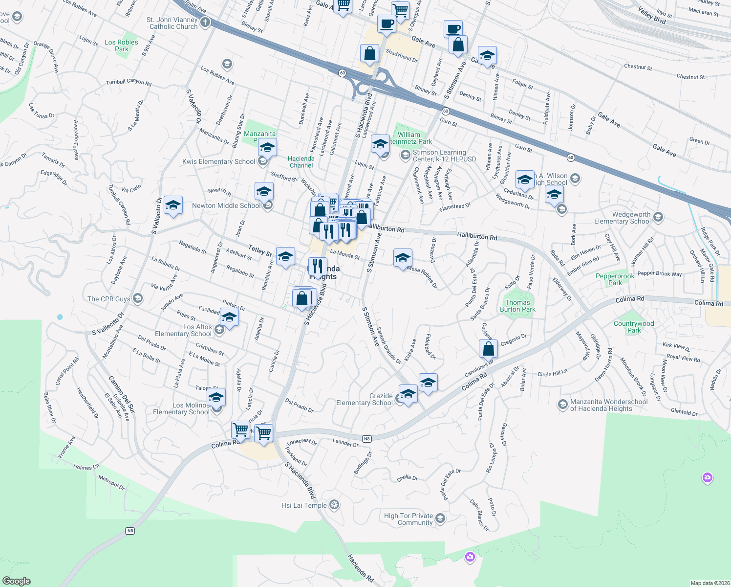 map of restaurants, bars, coffee shops, grocery stores, and more near 2330 South Stimson Avenue in Hacienda Heights