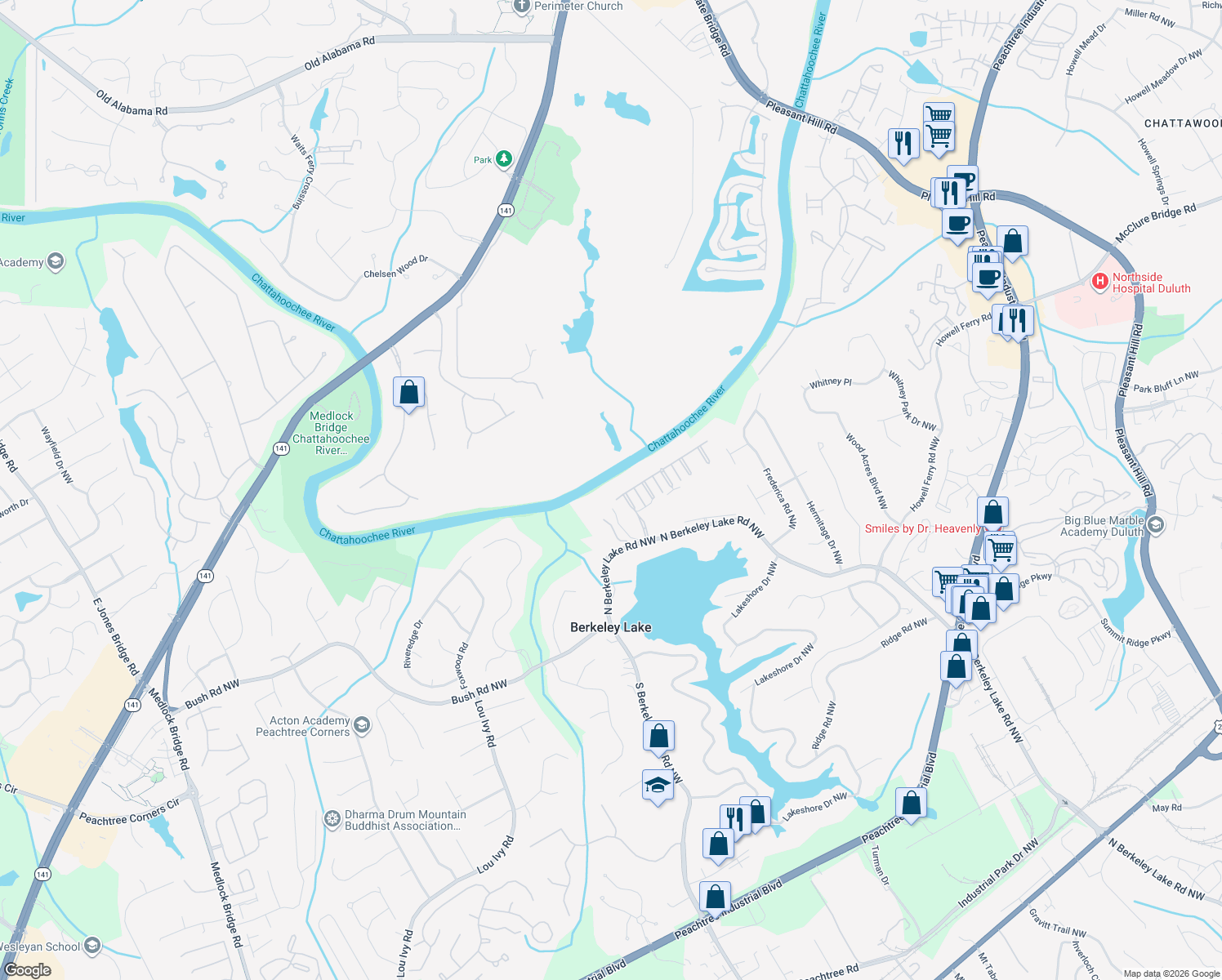 map of restaurants, bars, coffee shops, grocery stores, and more near 4402 River District Way in Berkeley Lake