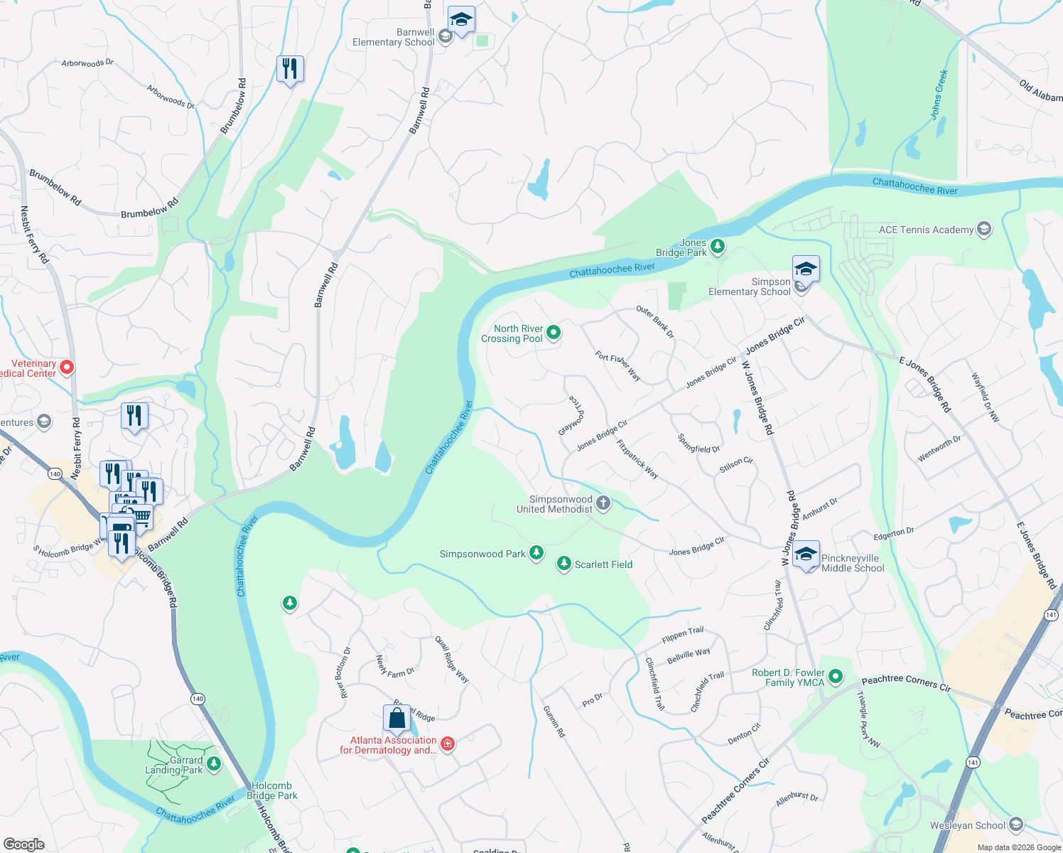 map of restaurants, bars, coffee shops, grocery stores, and more near 5722 Creekside Drive in Norcross