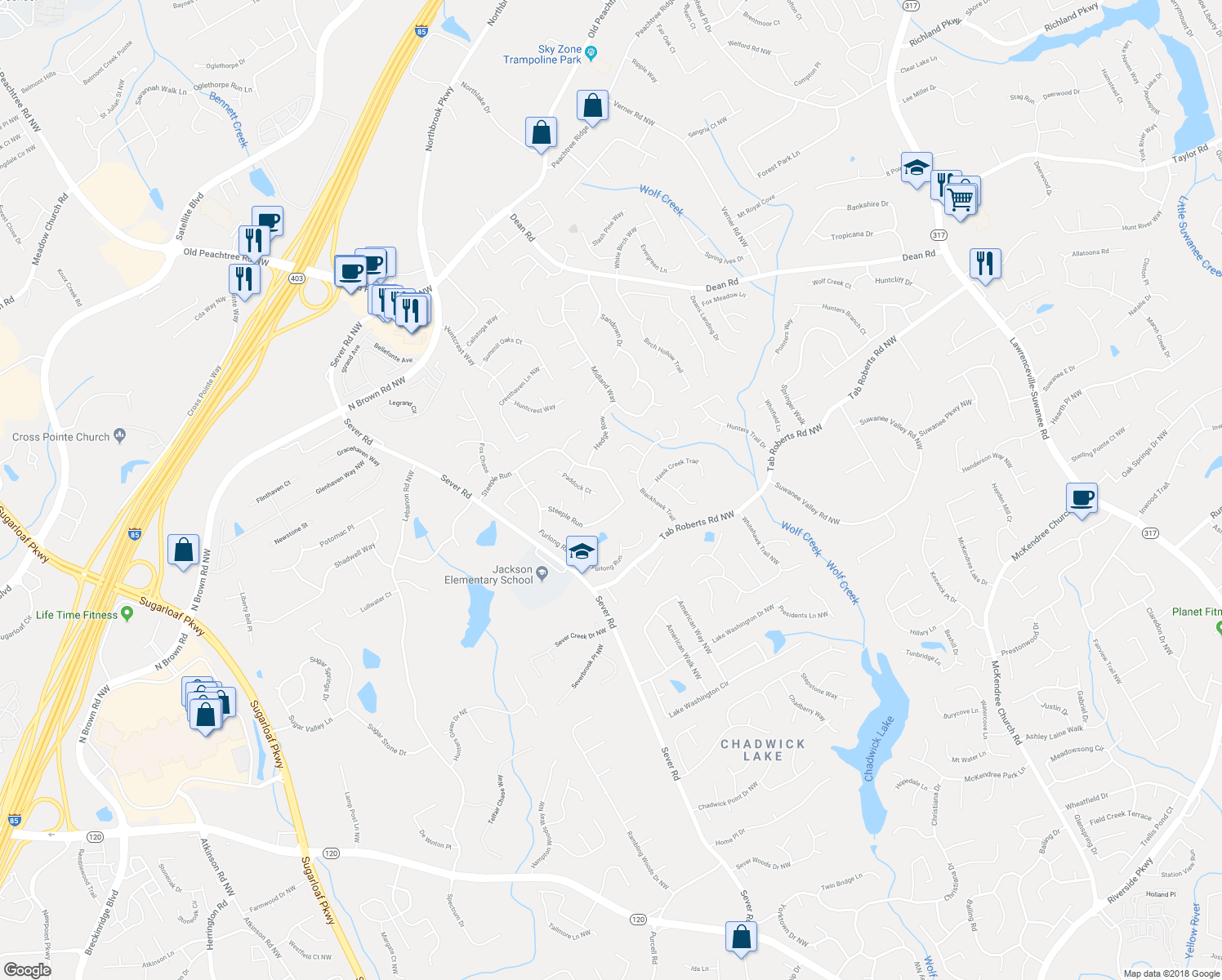 map of restaurants, bars, coffee shops, grocery stores, and more near 1160 Steeple Run in Lawrenceville