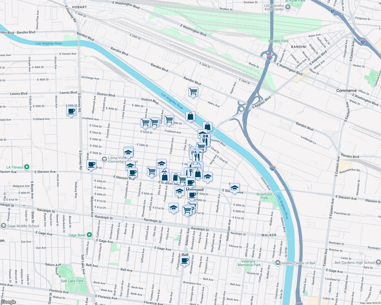 map of restaurants, bars, coffee shops, grocery stores, and more near 4426 East 54th Street in Maywood
