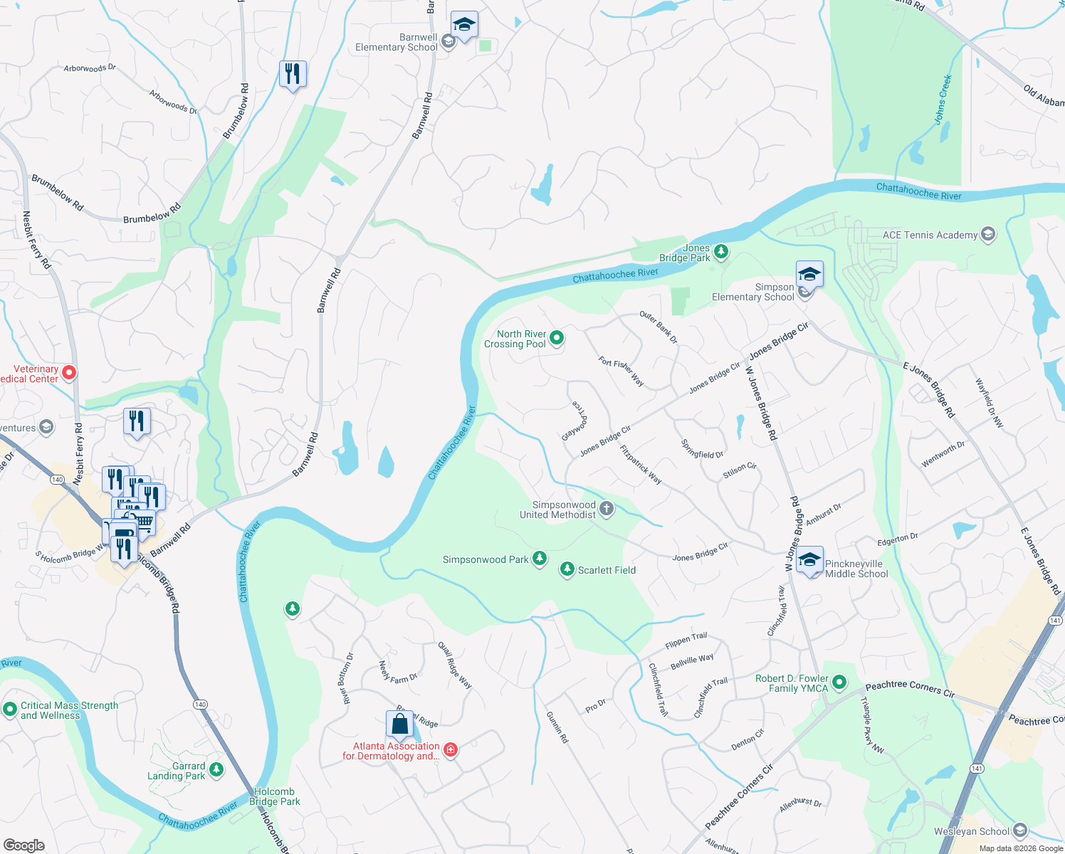 map of restaurants, bars, coffee shops, grocery stores, and more near 5722 Creekside Drive in Norcross