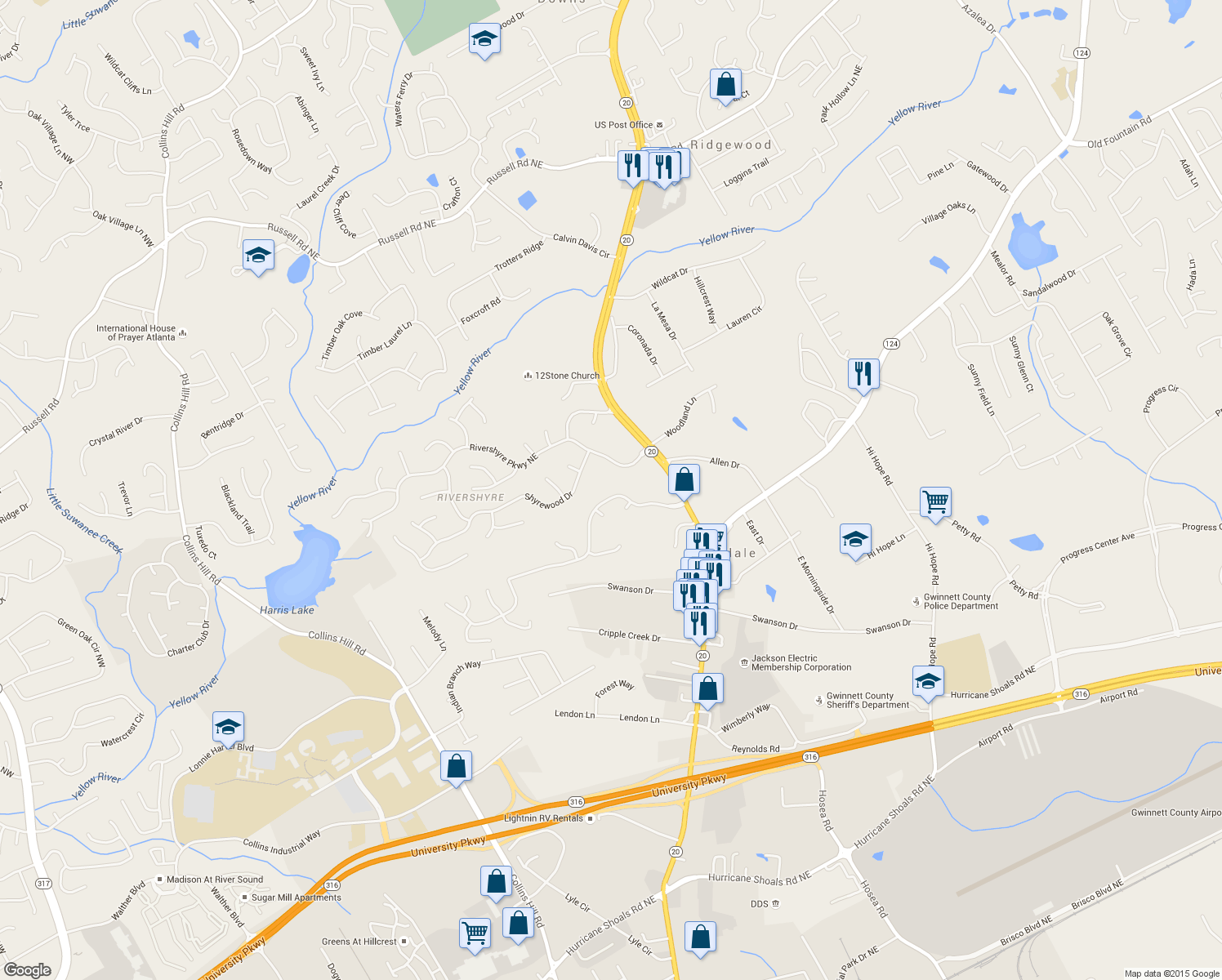 map of restaurants, bars, coffee shops, grocery stores, and more near 670 Victoria Station Boulevard Northeast in Lawrenceville