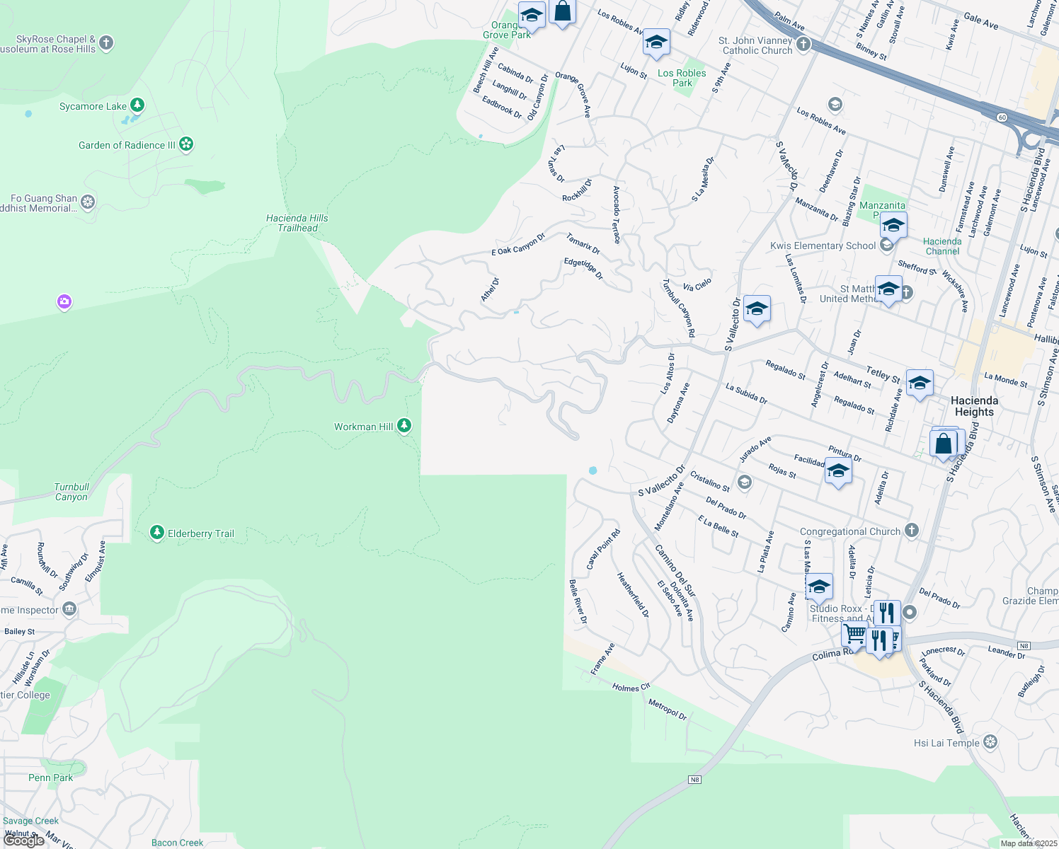 map of restaurants, bars, coffee shops, grocery stores, and more near 3336 Turnbull Canyon Road in Hacienda Heights
