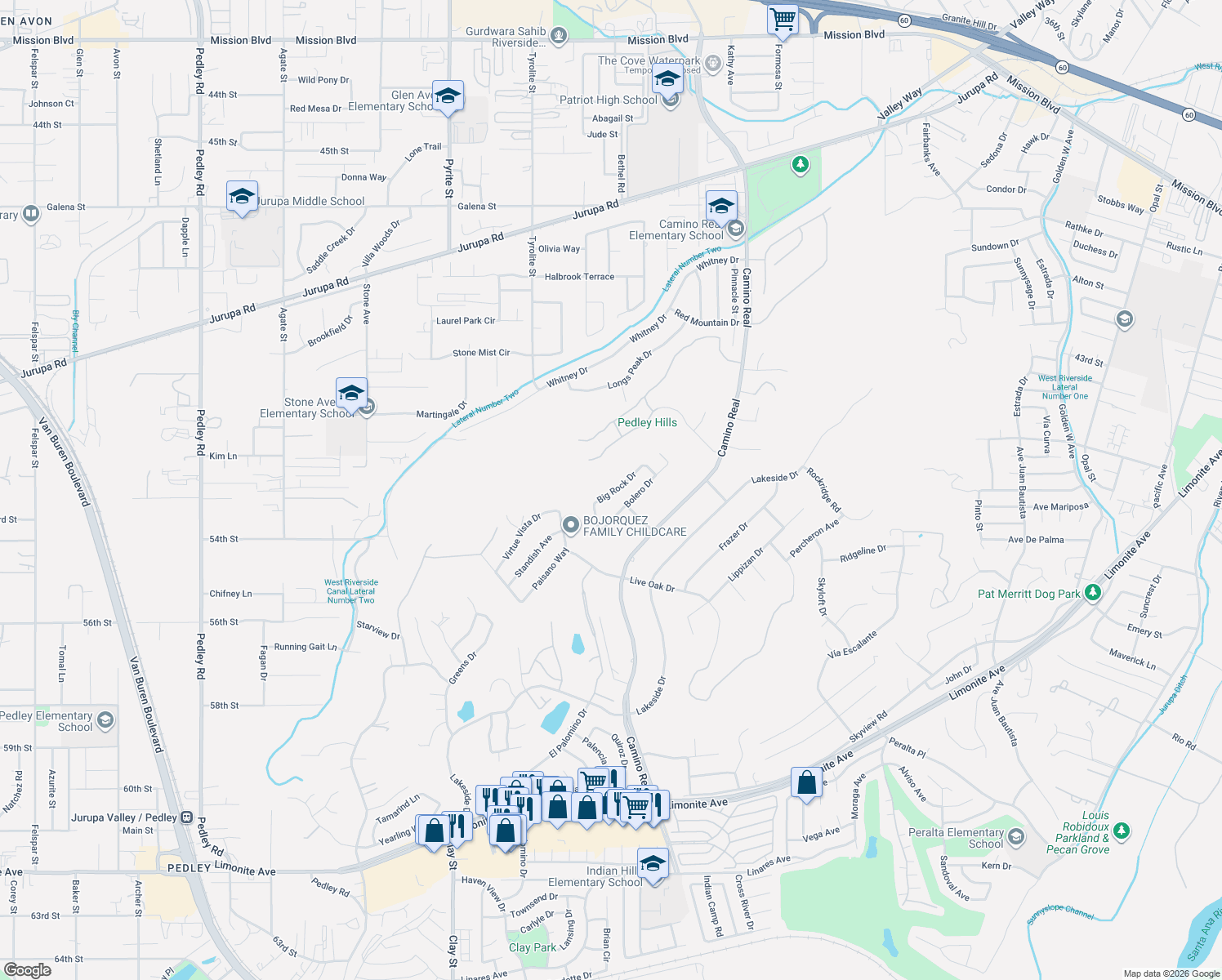 map of restaurants, bars, coffee shops, grocery stores, and more near 7866 Big Rock Drive in Riverside