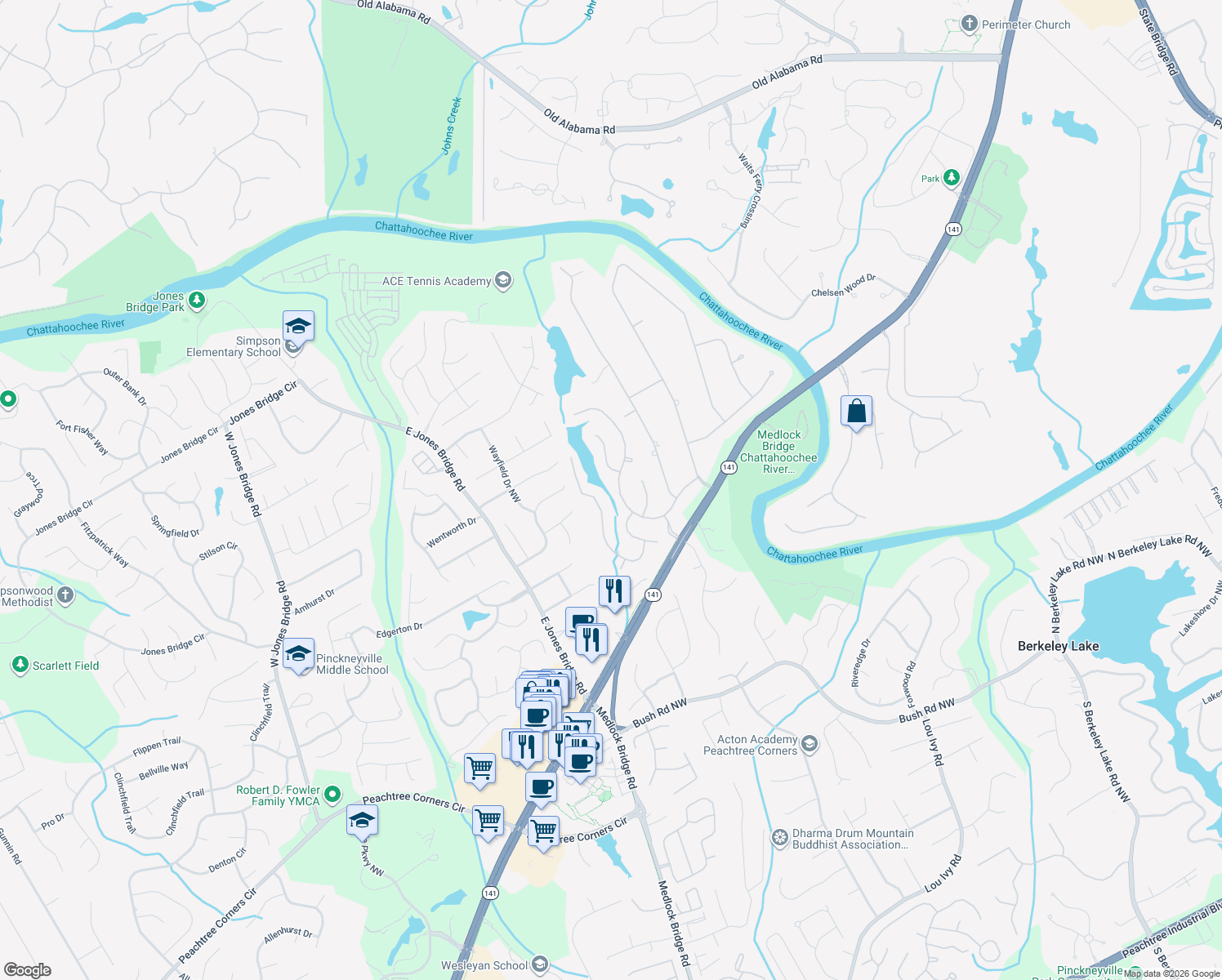 map of restaurants, bars, coffee shops, grocery stores, and more near 4940 Riverlake Dr in Duluth