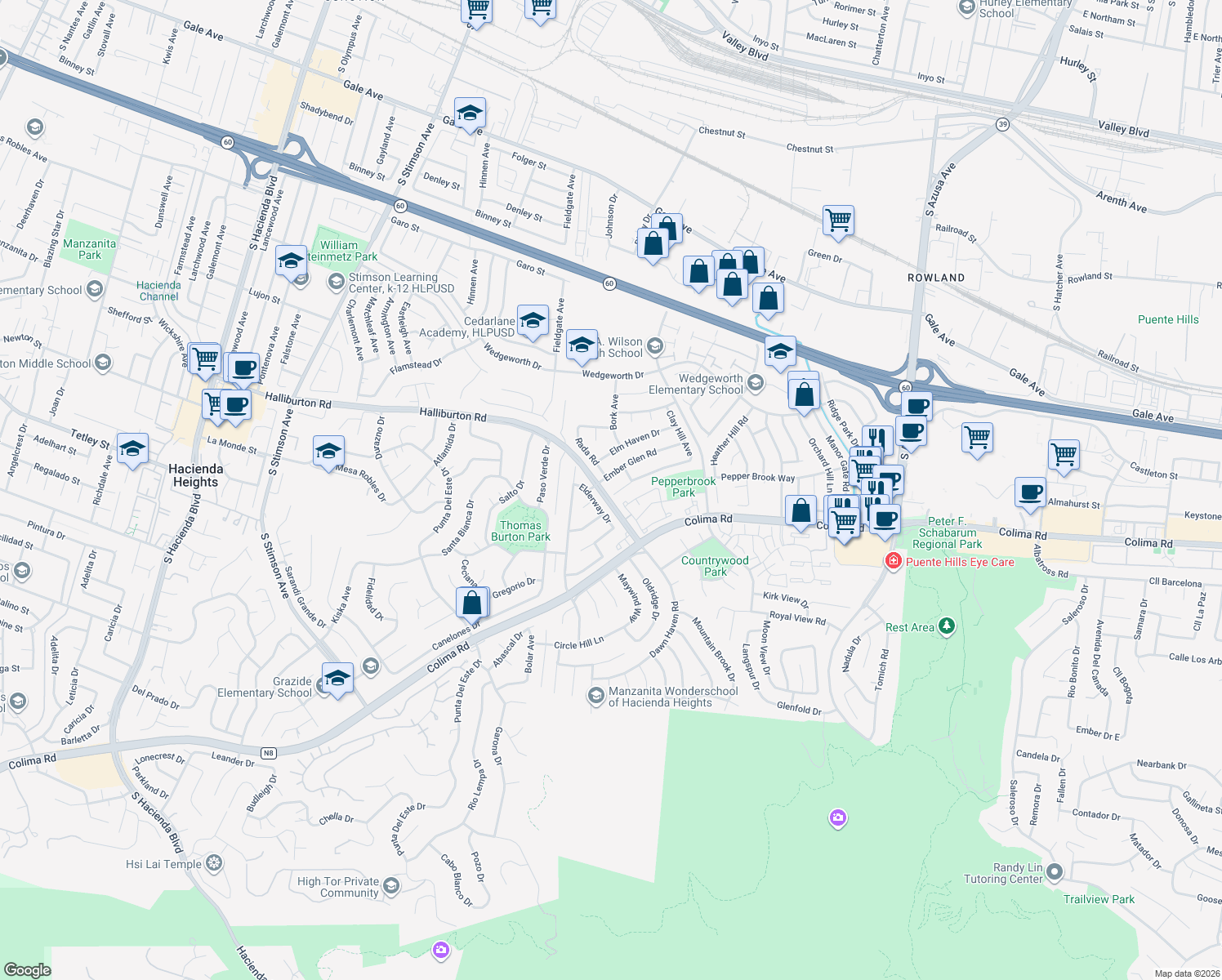 map of restaurants, bars, coffee shops, grocery stores, and more near 16407 Old Forest Rd in Hacienda Heights