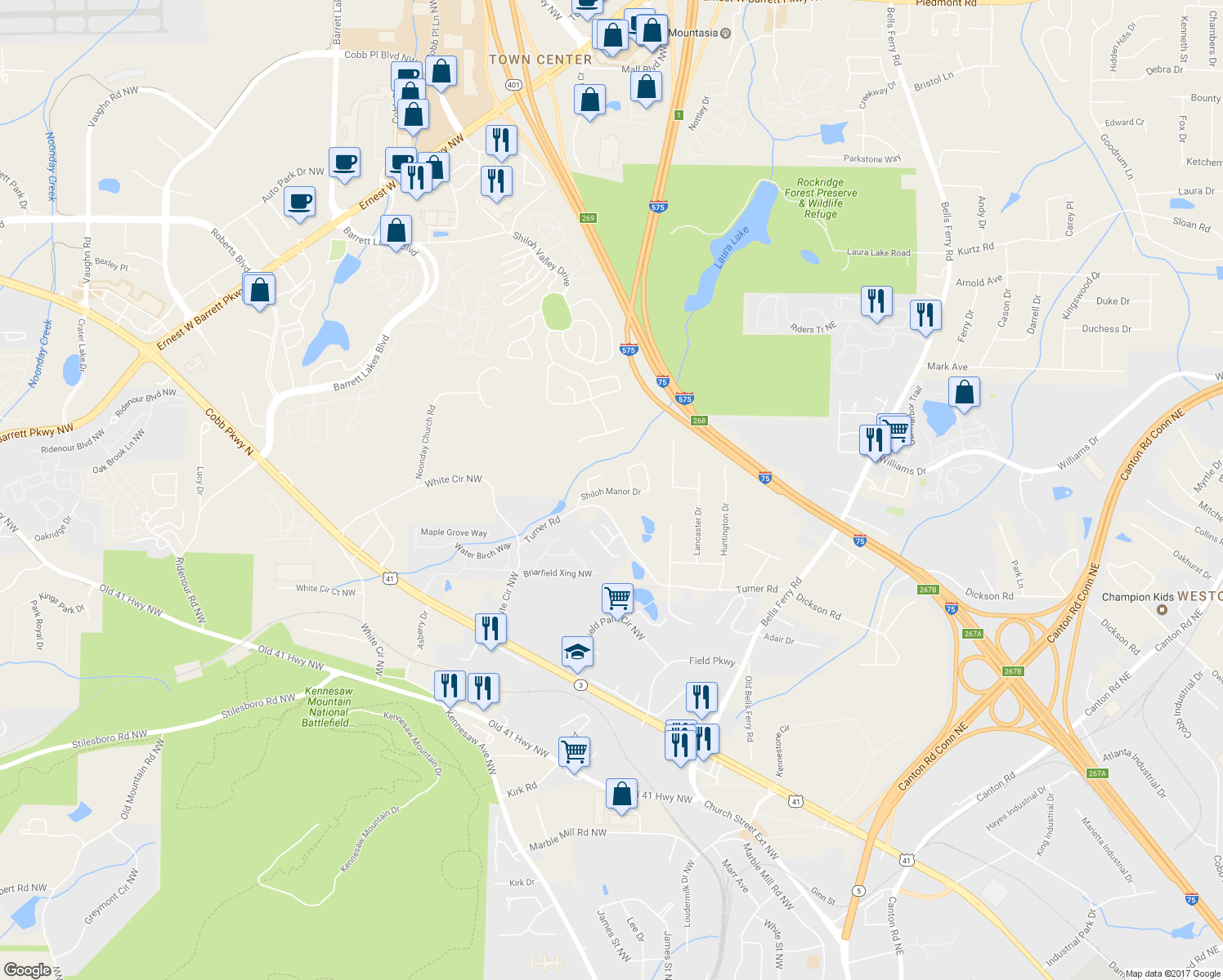 map of restaurants, bars, coffee shops, grocery stores, and more near 371 Shiloh Manor Drive in Marietta