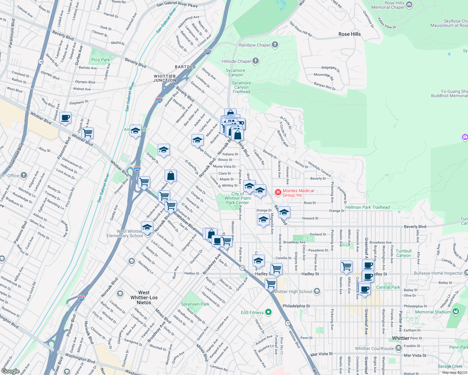 map of restaurants, bars, coffee shops, grocery stores, and more near 11330 Whitley Street in Whittier