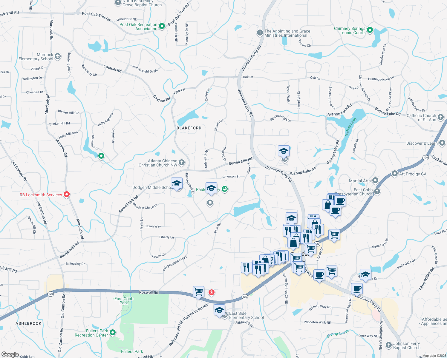 map of restaurants, bars, coffee shops, grocery stores, and more near 3882 Emerson St in Marietta