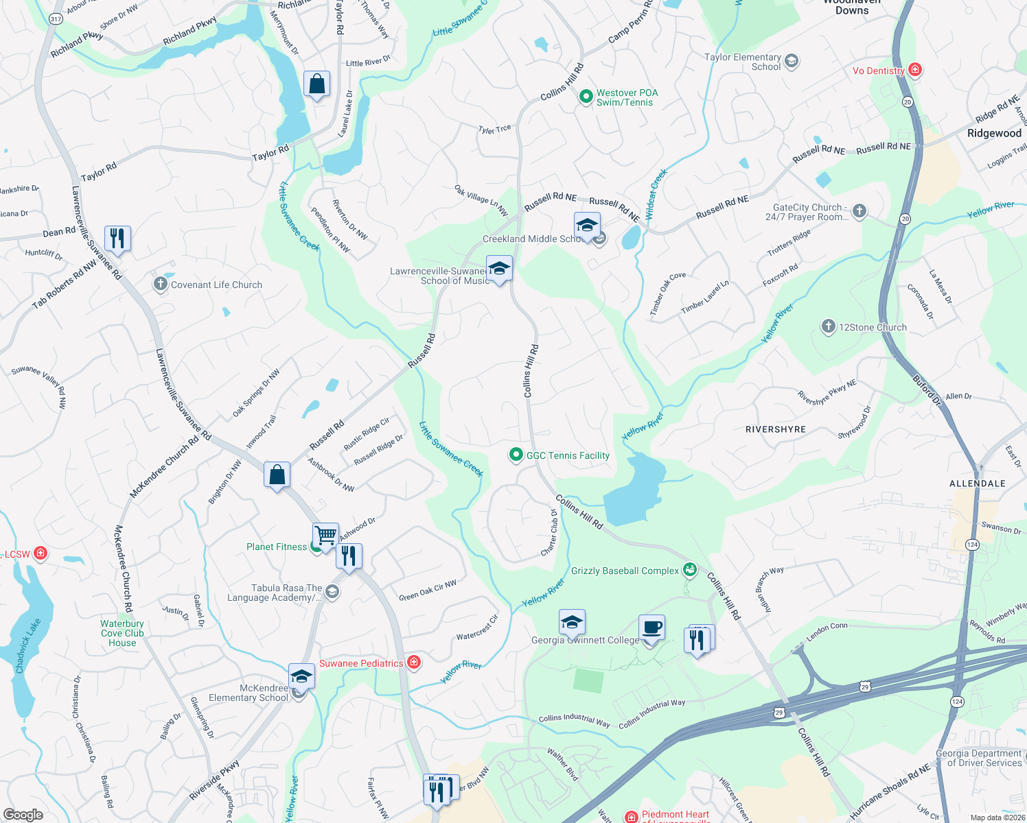 map of restaurants, bars, coffee shops, grocery stores, and more near 1470 Dorchester Drive in Lawrenceville