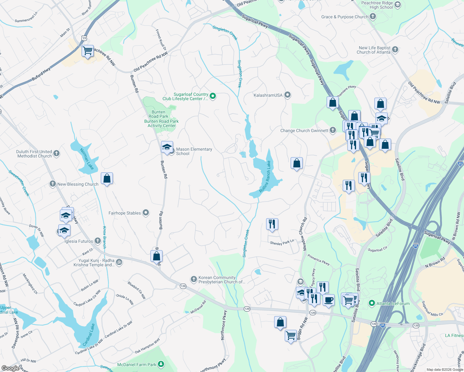 map of restaurants, bars, coffee shops, grocery stores, and more near 2505 Sugarloaf Club Dr in Duluth