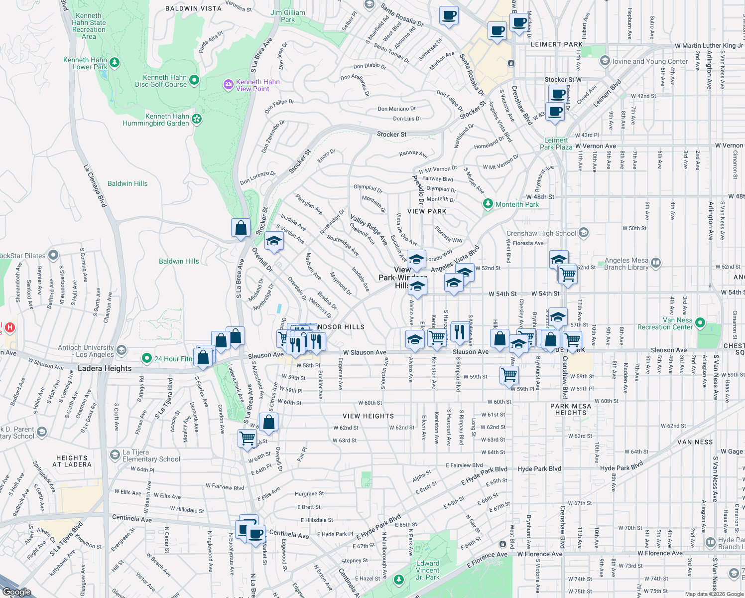 map of restaurants, bars, coffee shops, grocery stores, and more near 5446 Angeles Vista Boulevard in View Park-Windsor Hills
