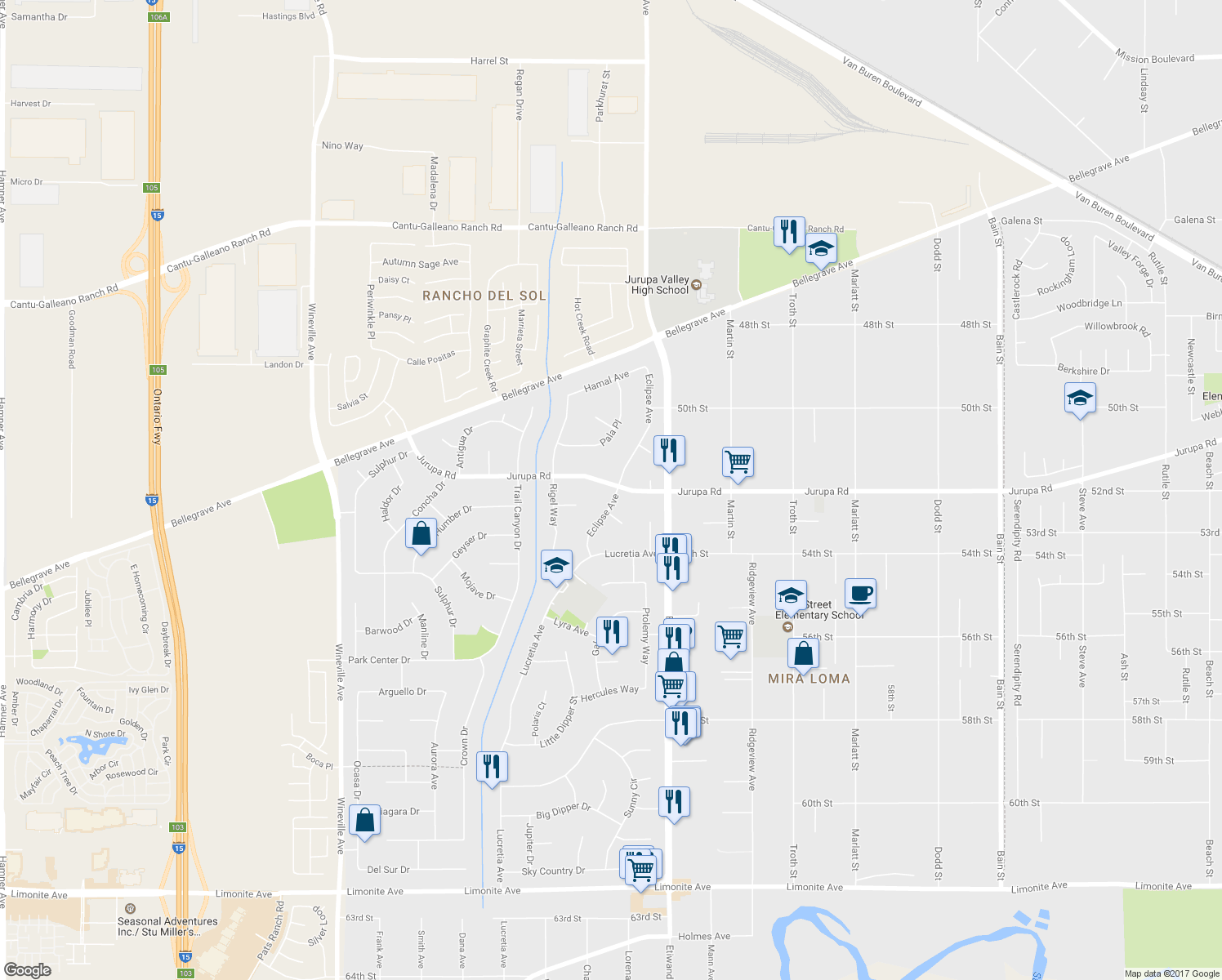 map of restaurants, bars, coffee shops, grocery stores, and more near 5209 Eclipse Avenue in Jurupa Valley