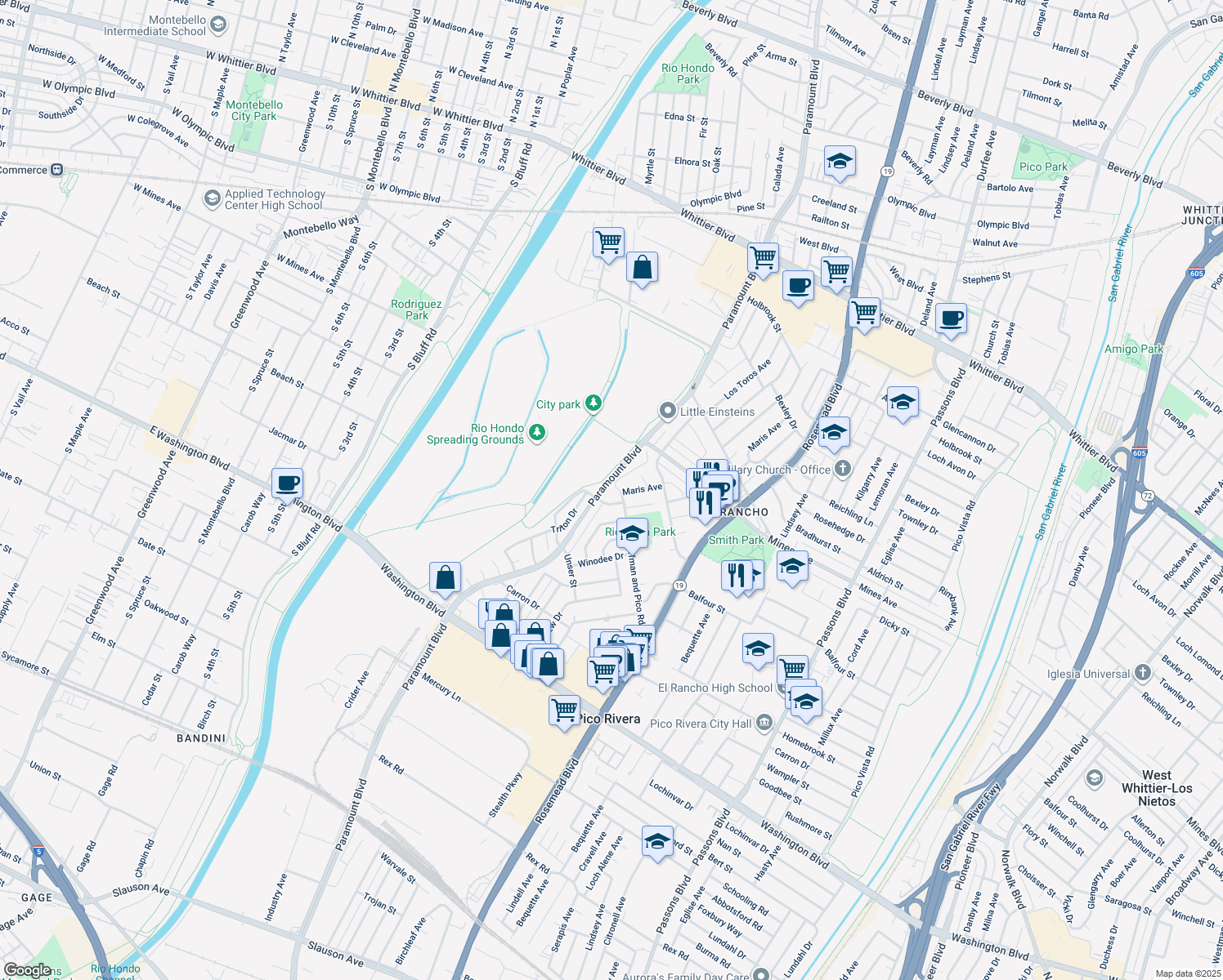 map of restaurants, bars, coffee shops, grocery stores, and more near 8674 Coffman and Pico Road in Pico Rivera