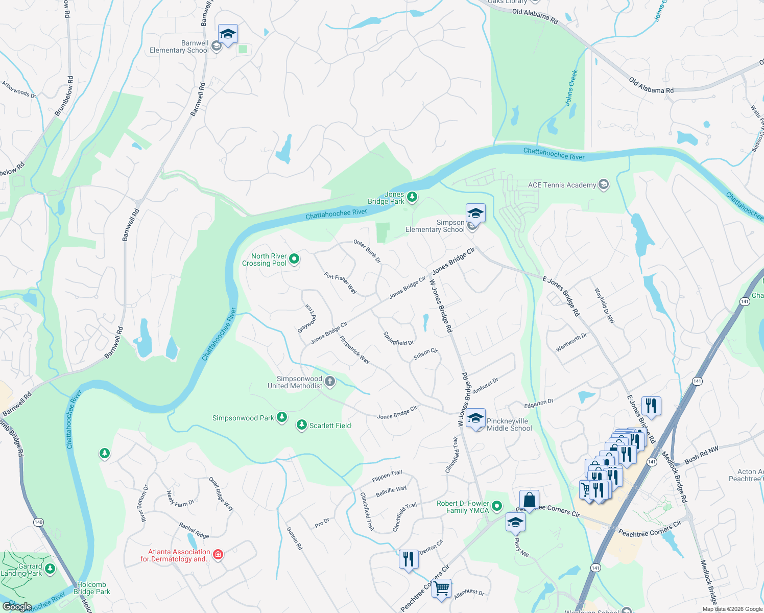 map of restaurants, bars, coffee shops, grocery stores, and more near 4178 Jones Bridge Circle in Norcross
