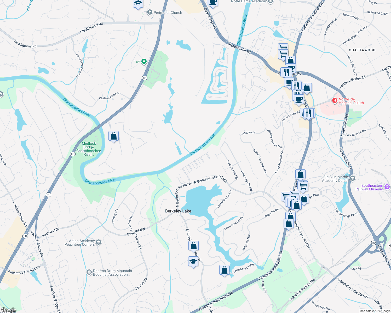 map of restaurants, bars, coffee shops, grocery stores, and more near 4292 River District Way in Duluth