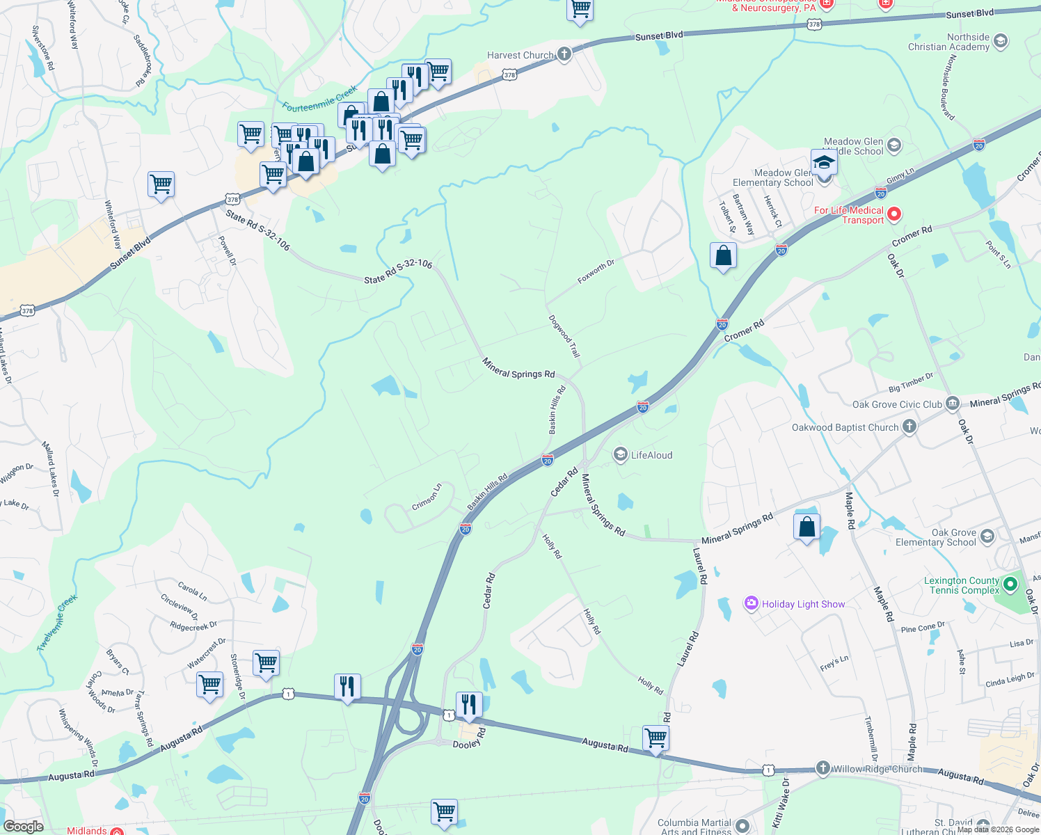 map of restaurants, bars, coffee shops, grocery stores, and more near 174 Baskin Hills Road in Lexington