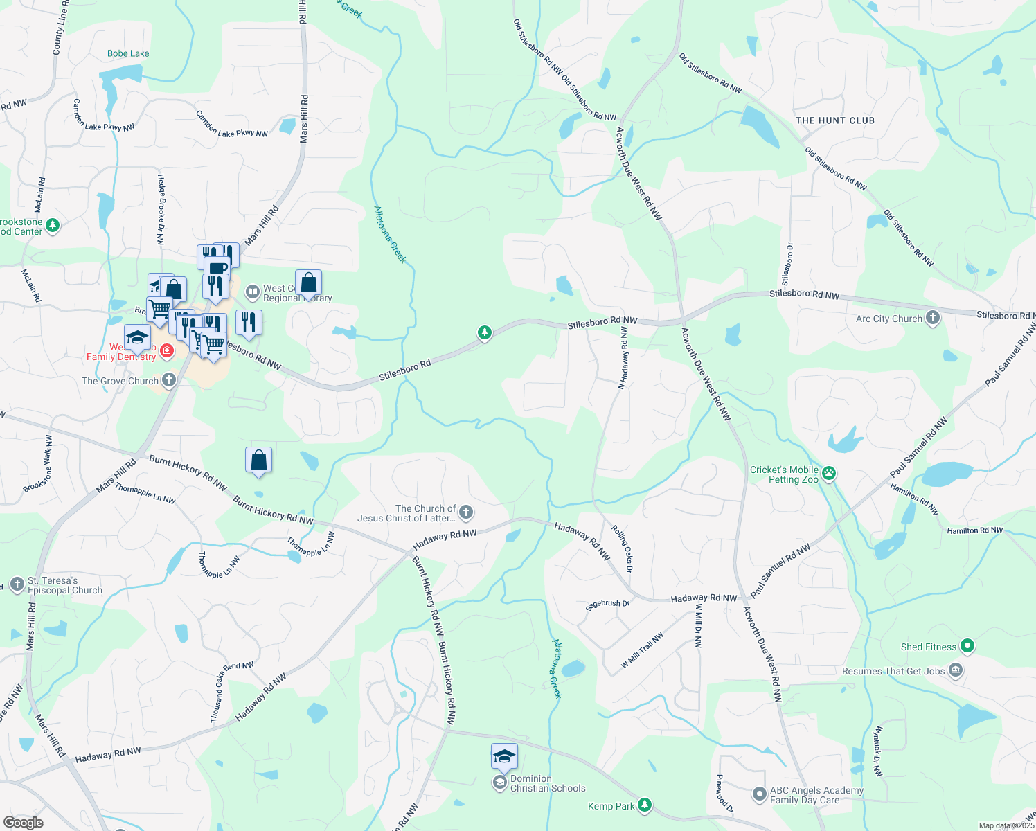 map of restaurants, bars, coffee shops, grocery stores, and more near 4516 Creekwood Circle in Kennesaw