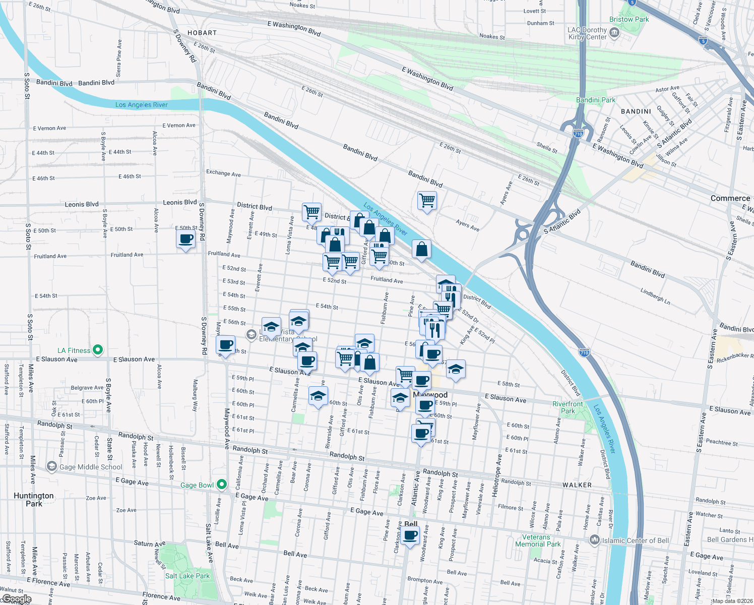 map of restaurants, bars, coffee shops, grocery stores, and more near 4204 East 53rd Street in Maywood