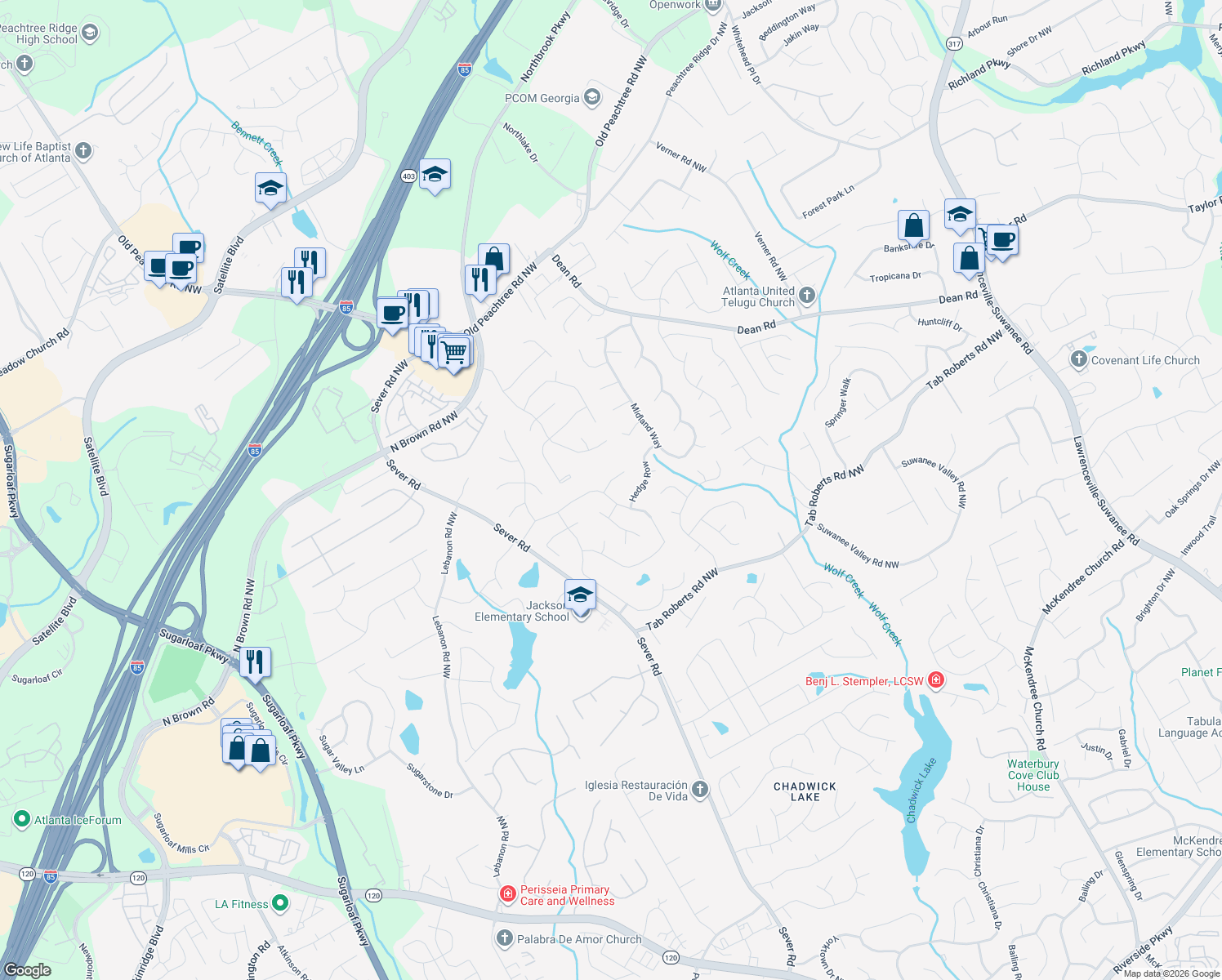 map of restaurants, bars, coffee shops, grocery stores, and more near 1250 Fairfax Hunt in Lawrenceville