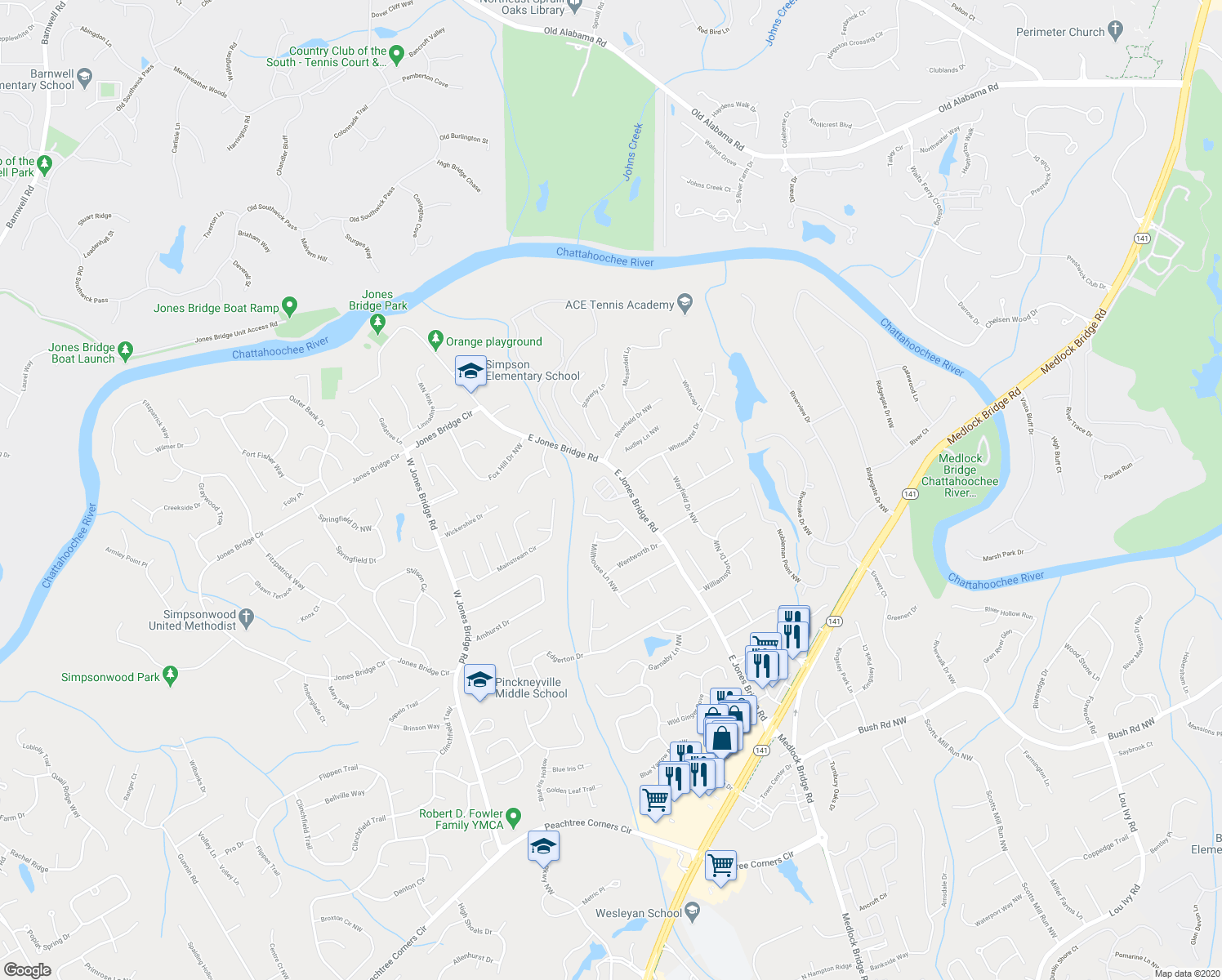 map of restaurants, bars, coffee shops, grocery stores, and more near 5263 Creek Walk Circle Northwest in Norcross