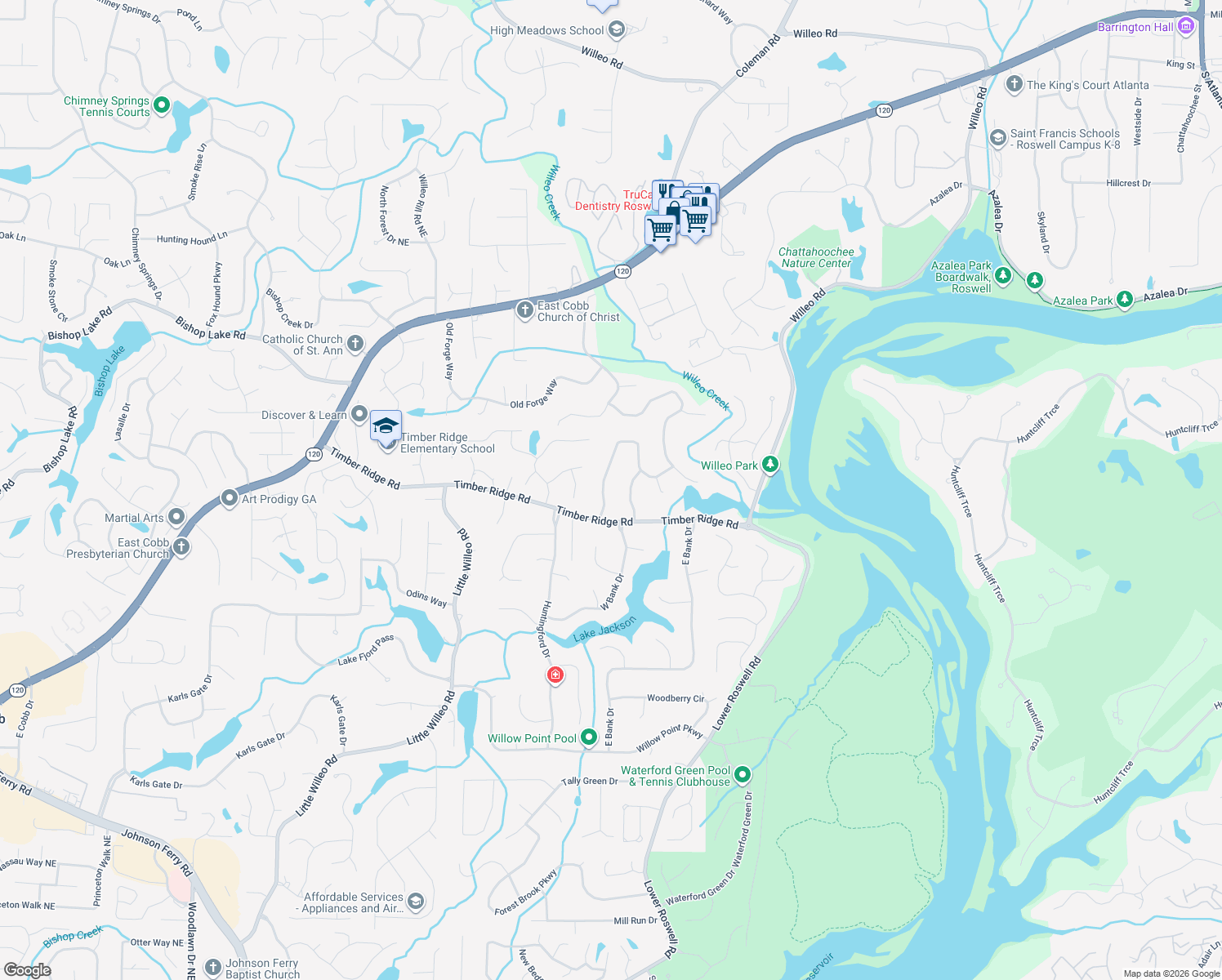 map of restaurants, bars, coffee shops, grocery stores, and more near 1808 Jacksons Creek Dr in Marietta