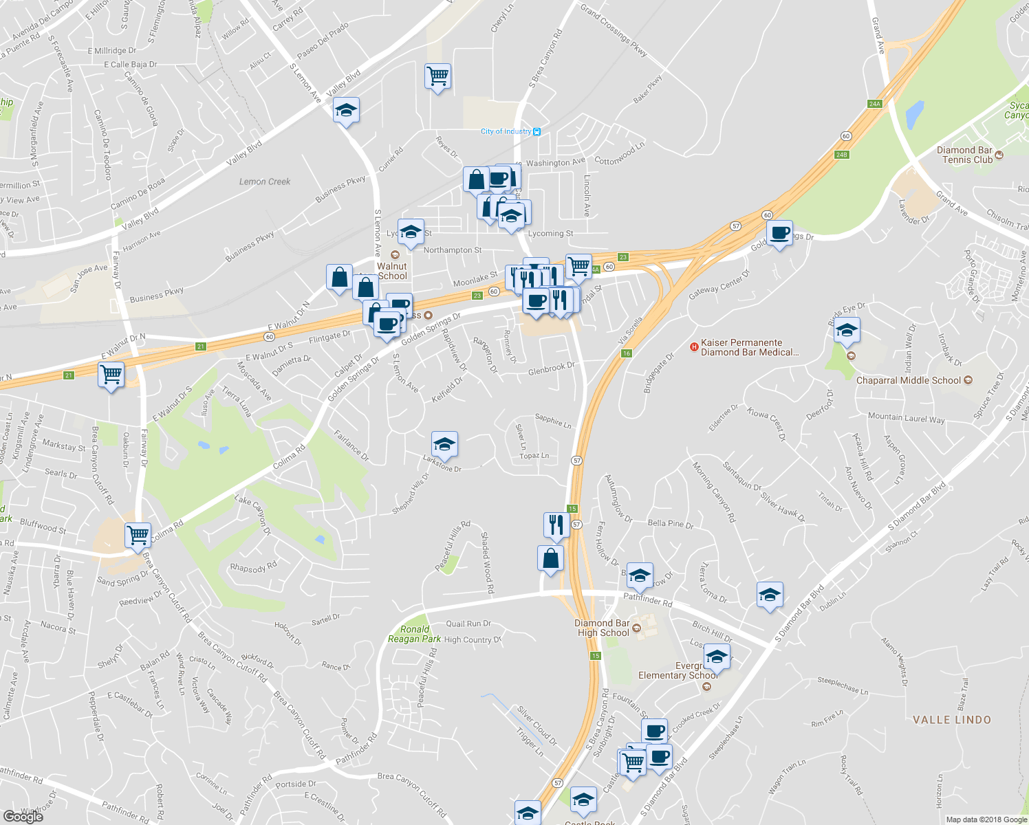 map of restaurants, bars, coffee shops, grocery stores, and more near 1509 Sapphire Lane in Diamond Bar