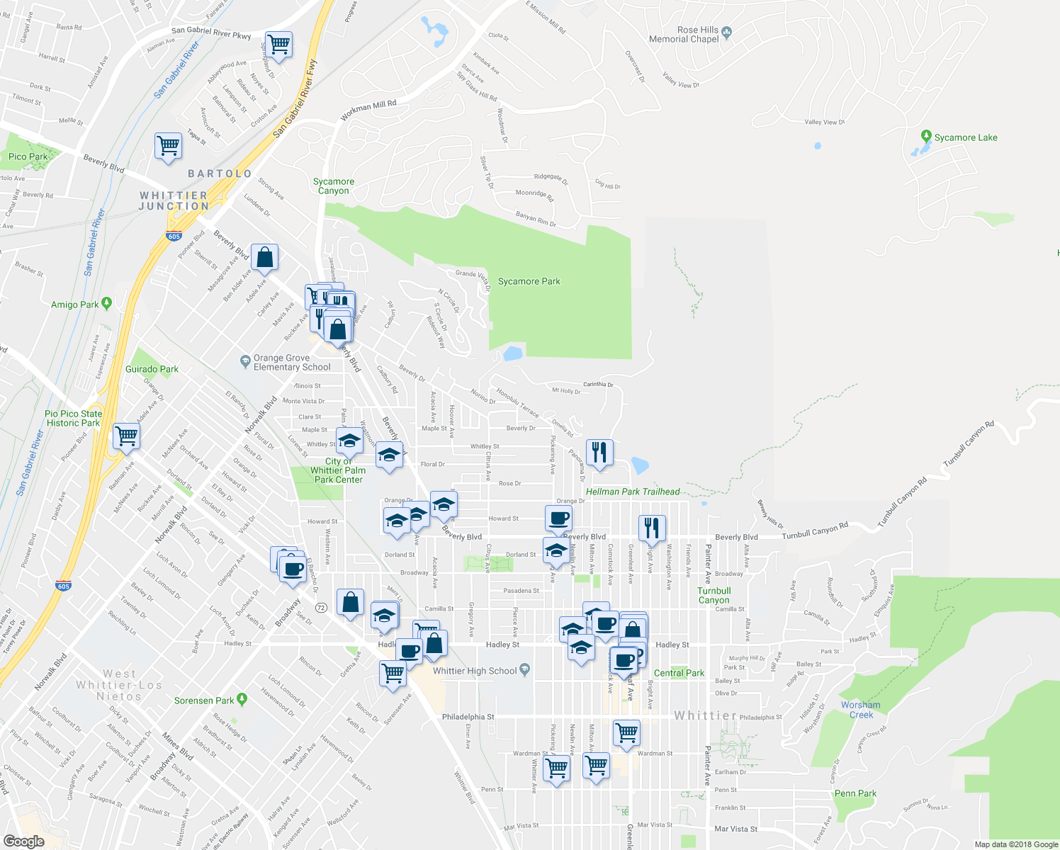map of restaurants, bars, coffee shops, grocery stores, and more near 12423 Beverly Drive in Whittier