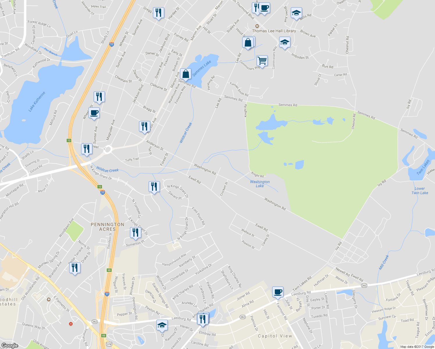 map of restaurants, bars, coffee shops, grocery stores, and more near Housing Road in Columbia
