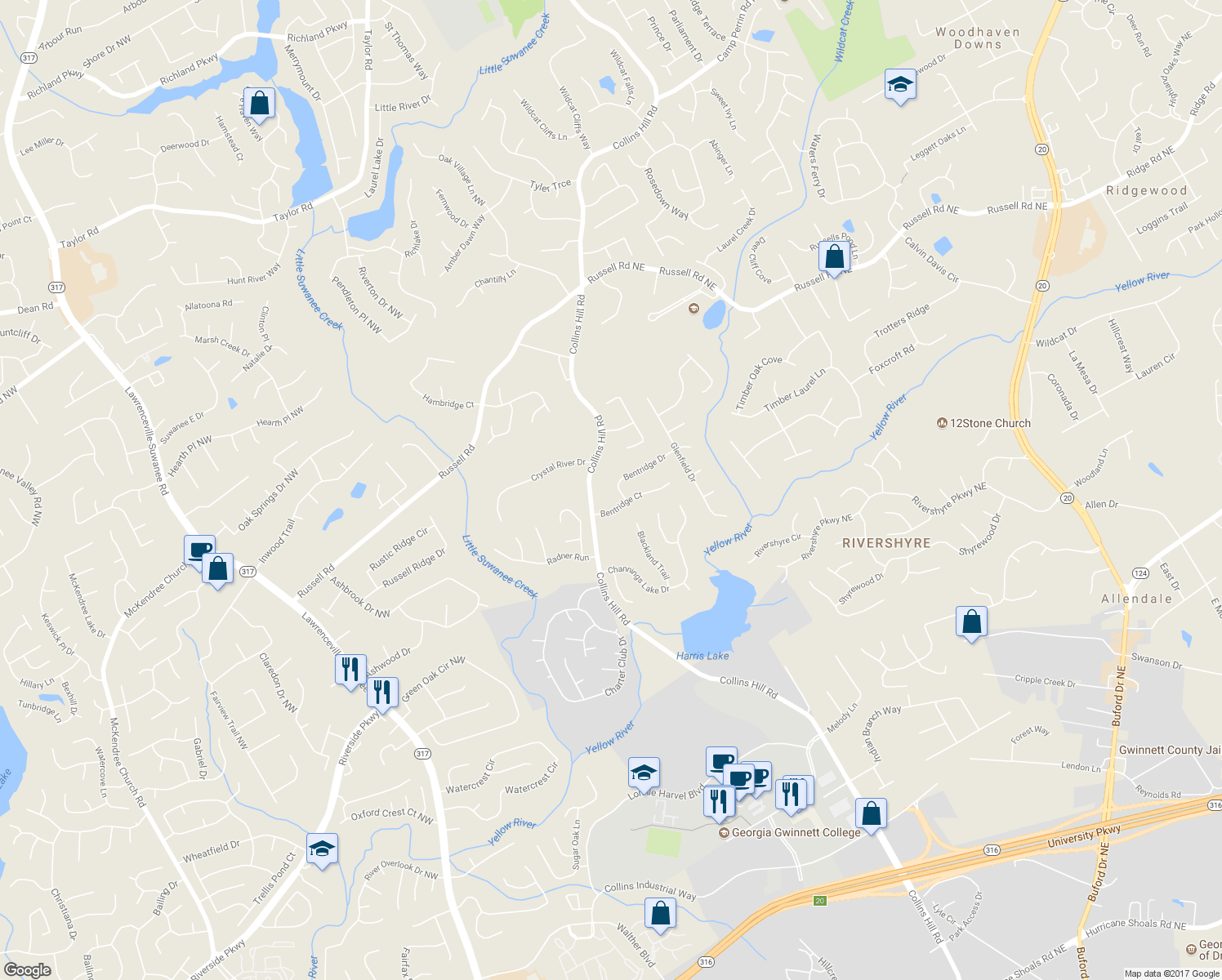 map of restaurants, bars, coffee shops, grocery stores, and more near 1480 Bentridge Drive in Lawrenceville