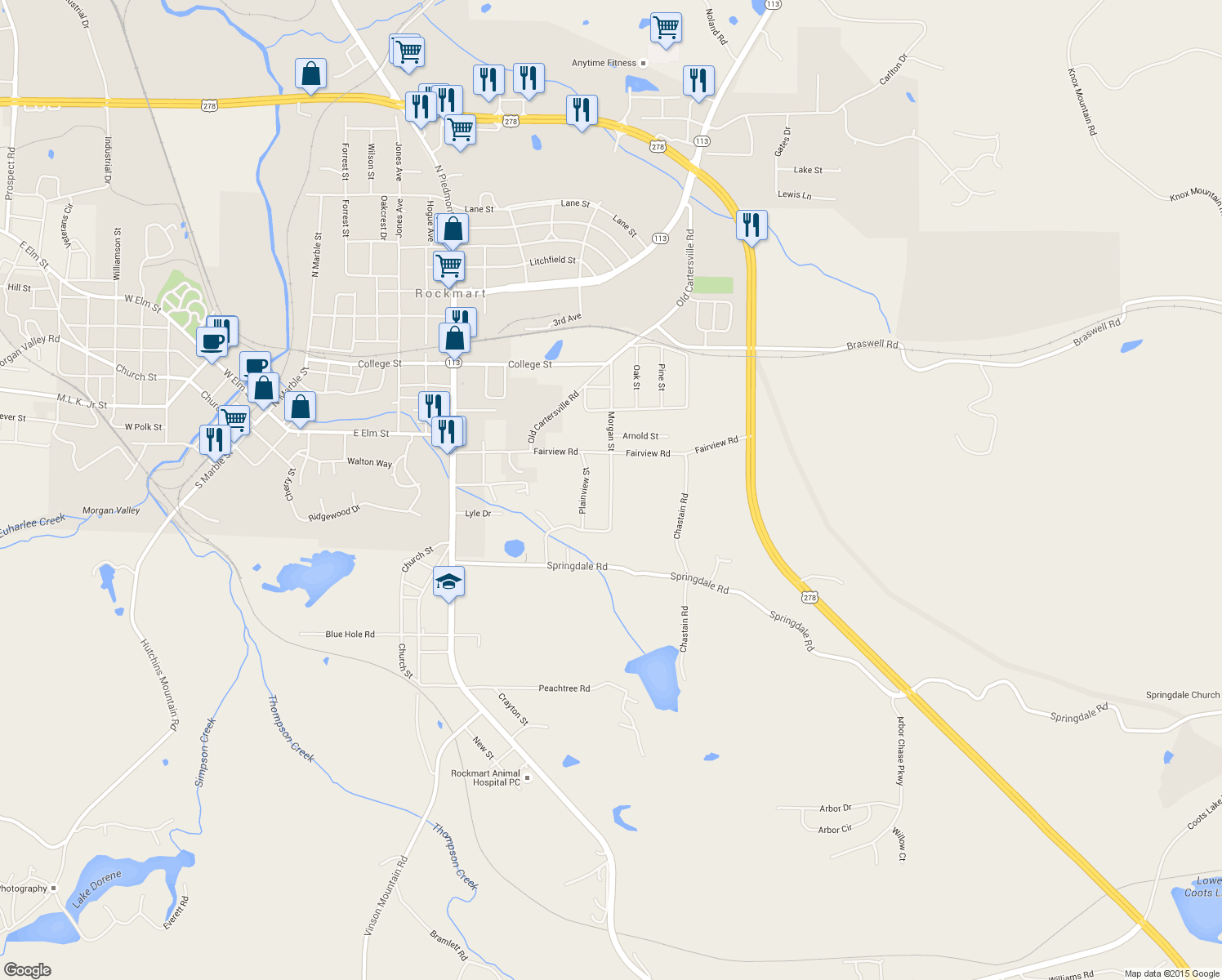 map of restaurants, bars, coffee shops, grocery stores, and more near 365 Sherwood-Morgan Dr in Rockmart