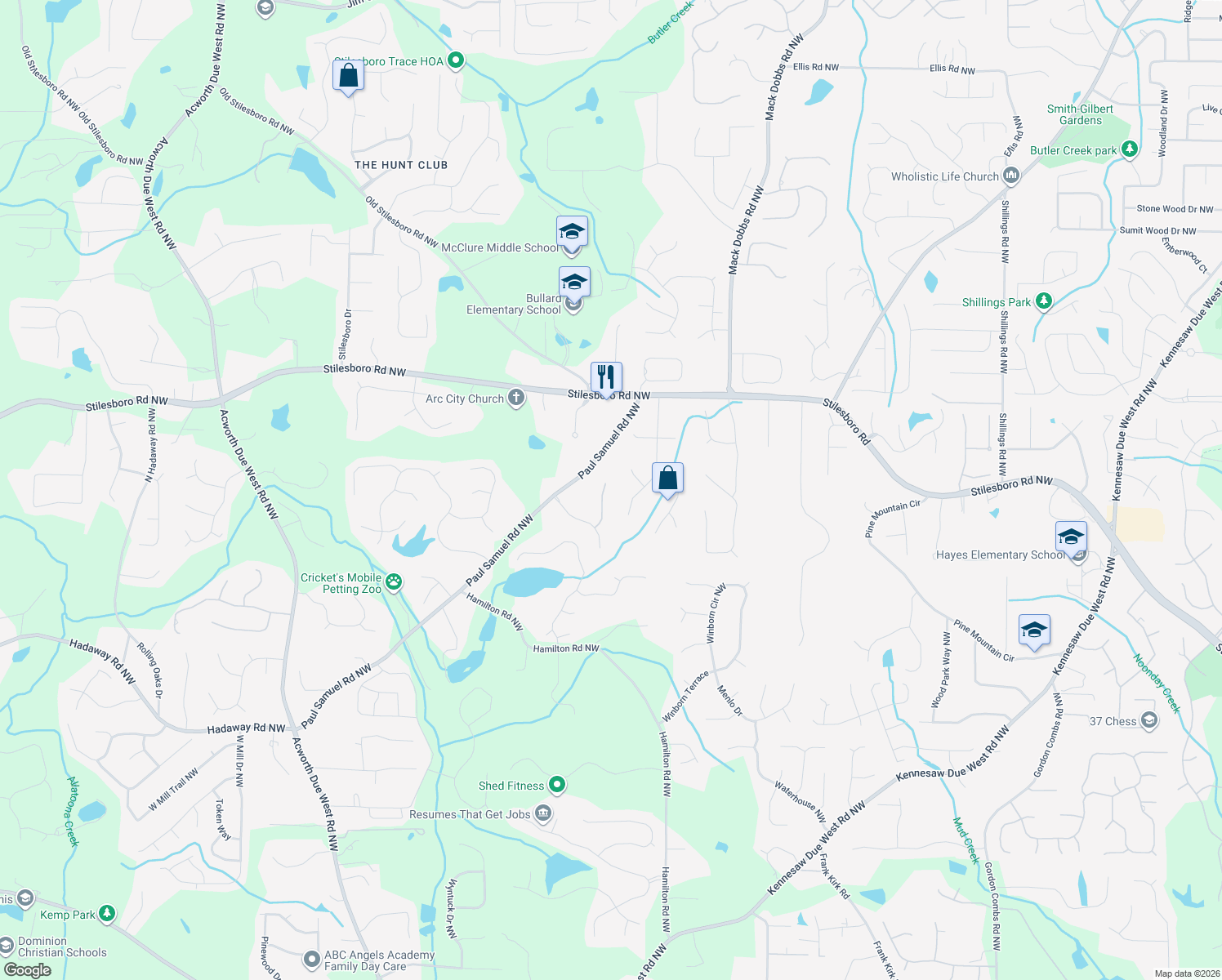 map of restaurants, bars, coffee shops, grocery stores, and more near 1630 Davidson Farm Lane in Kennesaw