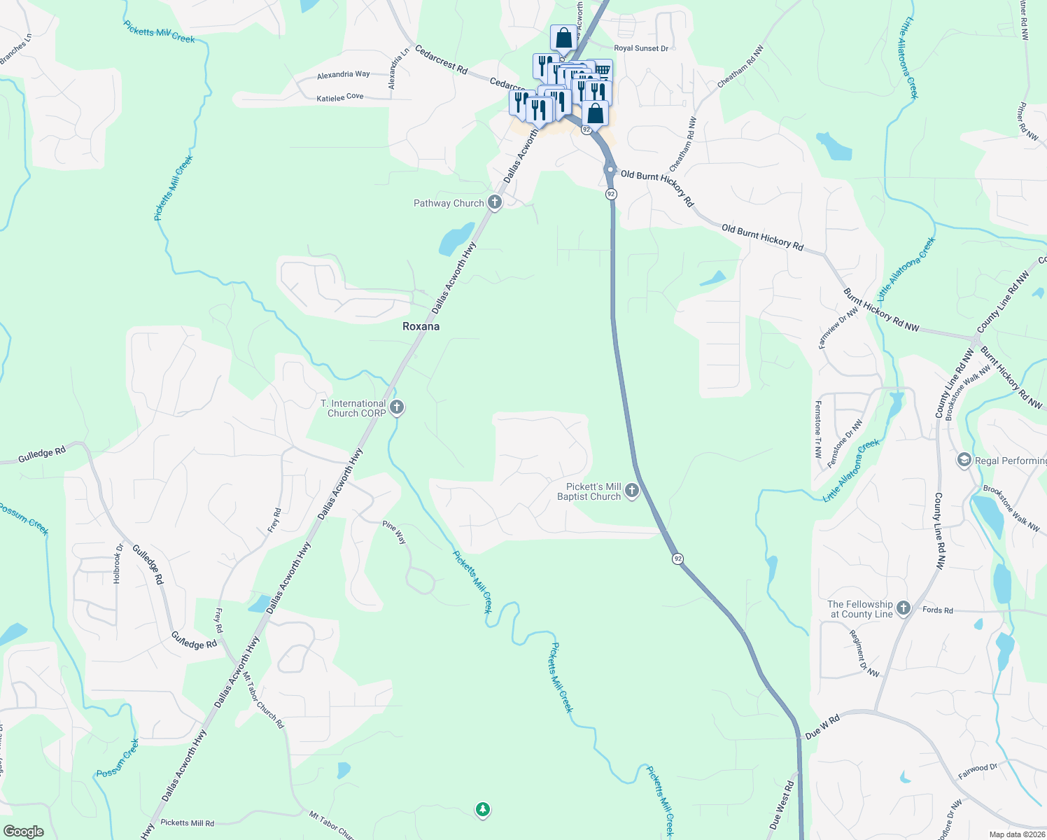 map of restaurants, bars, coffee shops, grocery stores, and more near 599 Wood Point Way in Dallas