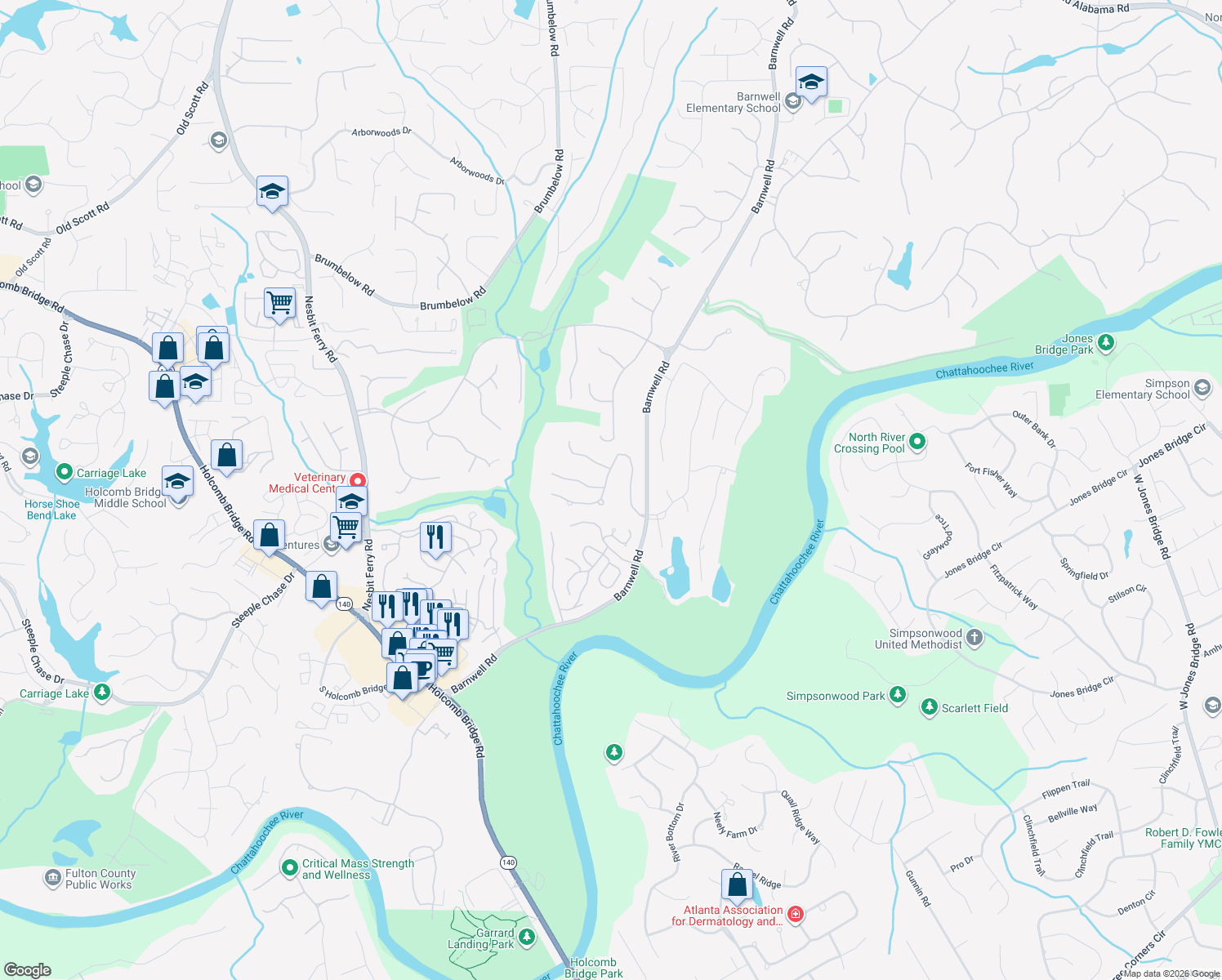 map of restaurants, bars, coffee shops, grocery stores, and more near 130 Fairway Ridge Dr in Alpharetta