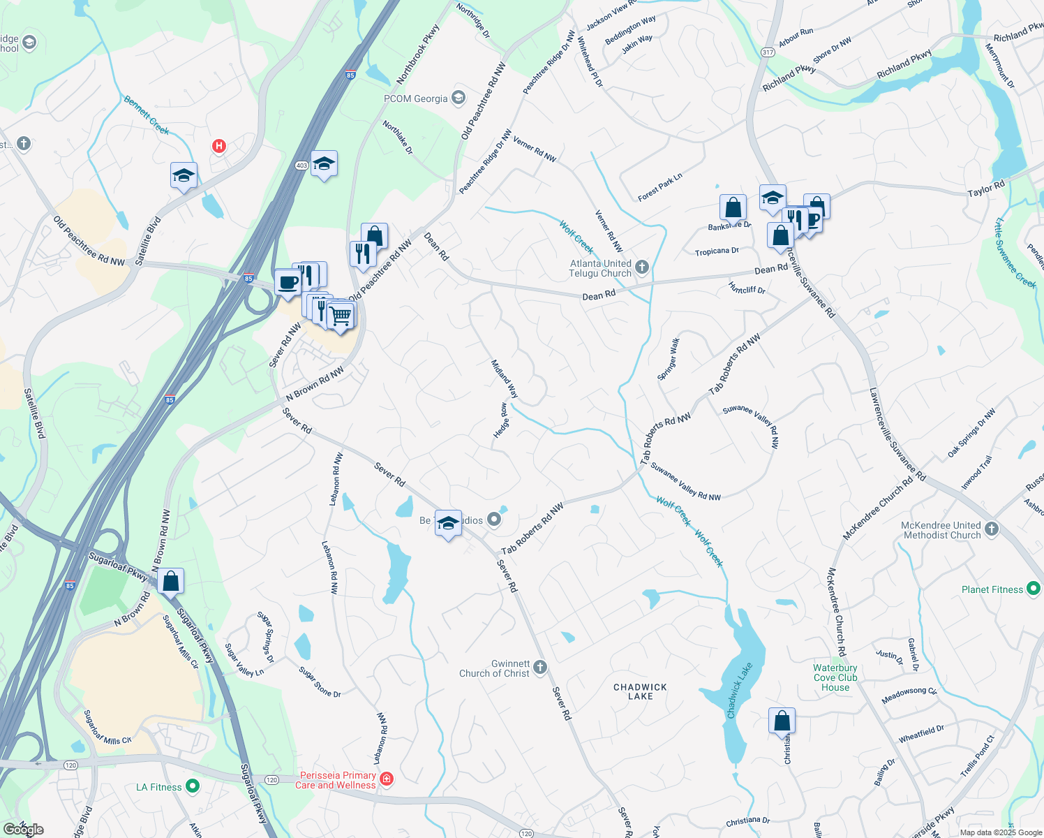 map of restaurants, bars, coffee shops, grocery stores, and more near 1174 Hurst Park Ct in Lawrenceville