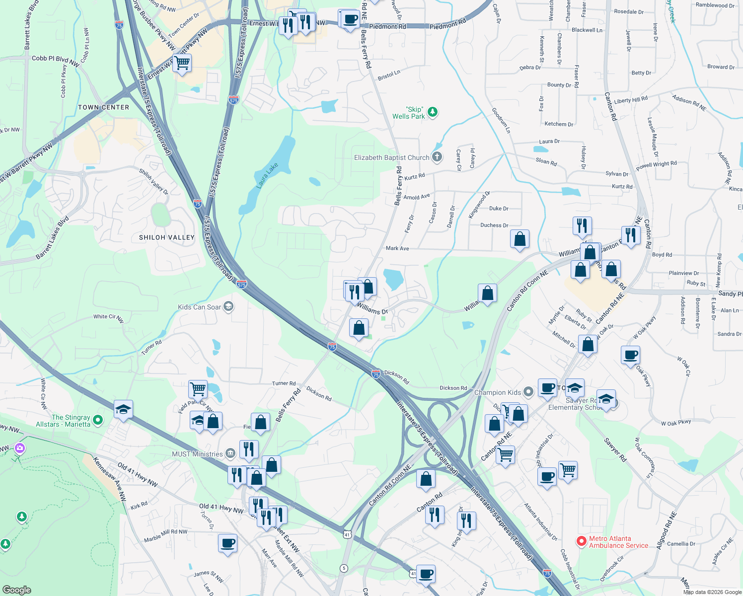 map of restaurants, bars, coffee shops, grocery stores, and more near 502 Harbor Lake Court in Marietta