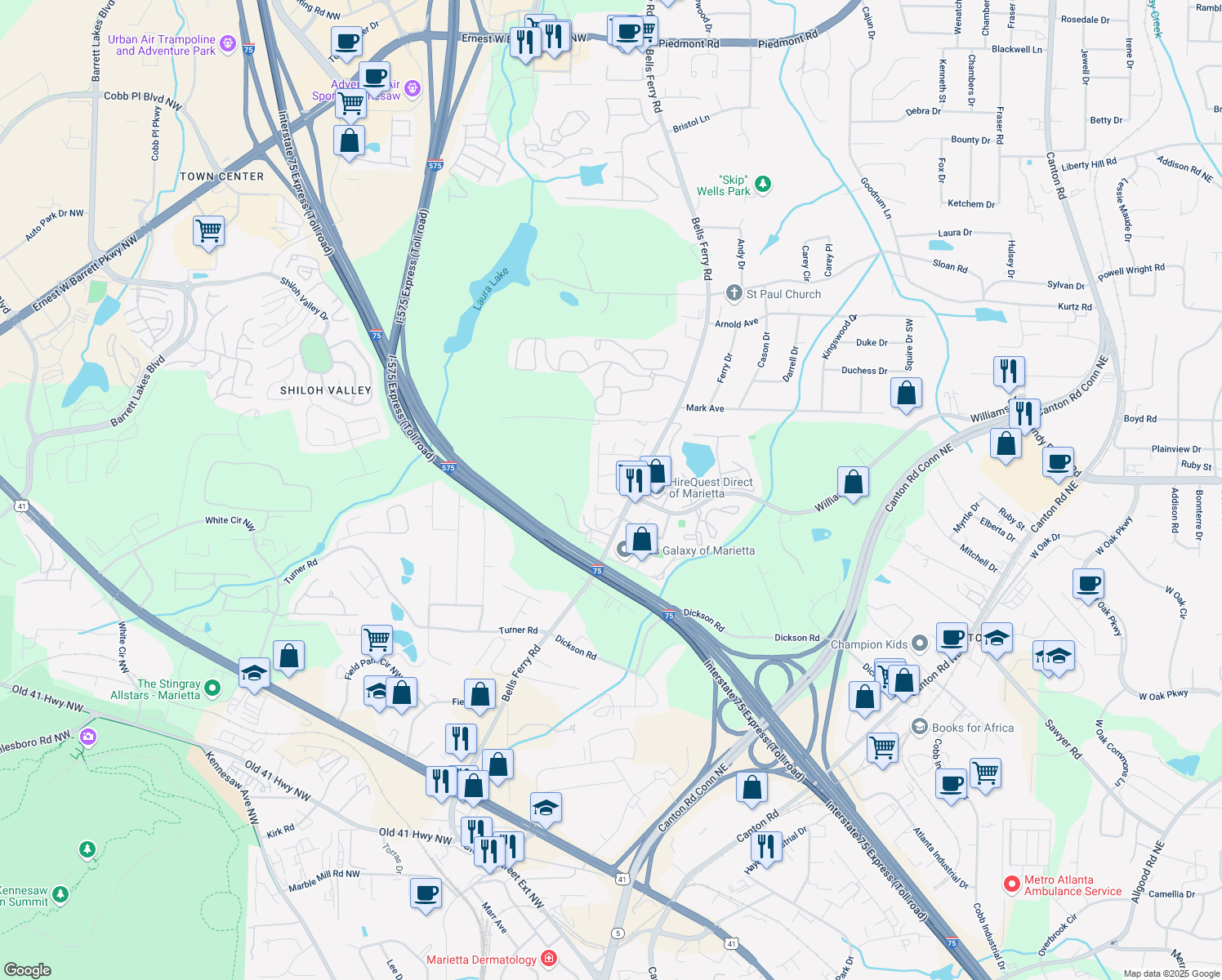 map of restaurants, bars, coffee shops, grocery stores, and more near 1704 Barrington Overlook in Marietta