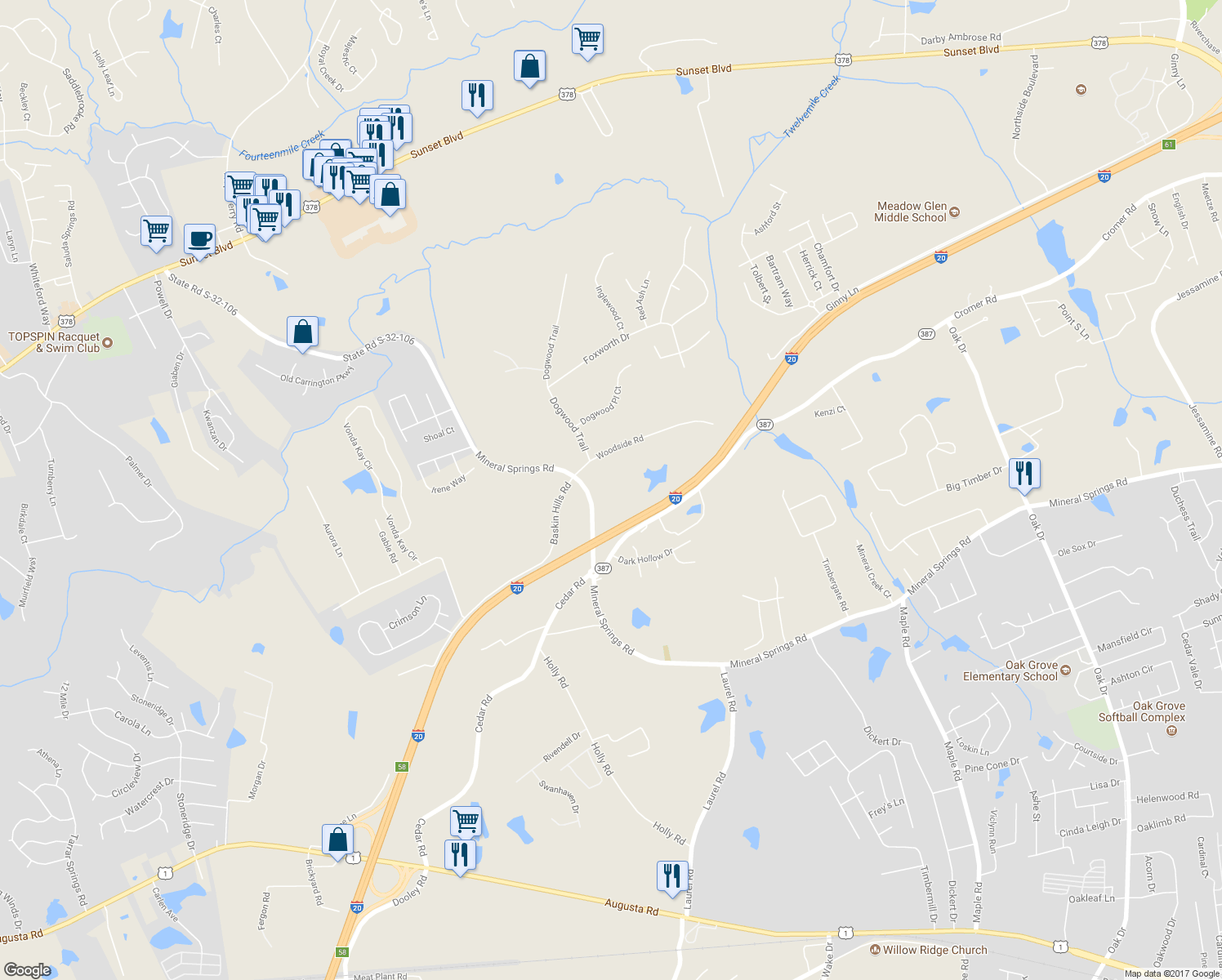 map of restaurants, bars, coffee shops, grocery stores, and more near 2815 Mineral Springs Road in Lexington