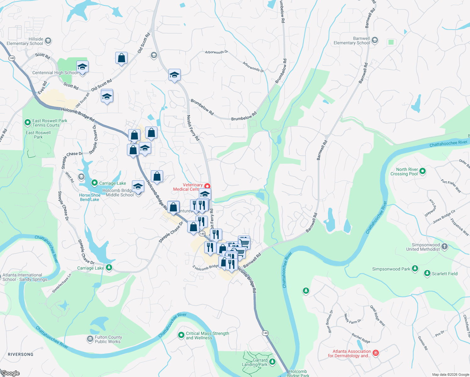 map of restaurants, bars, coffee shops, grocery stores, and more near 795 Nile Drive in Alpharetta